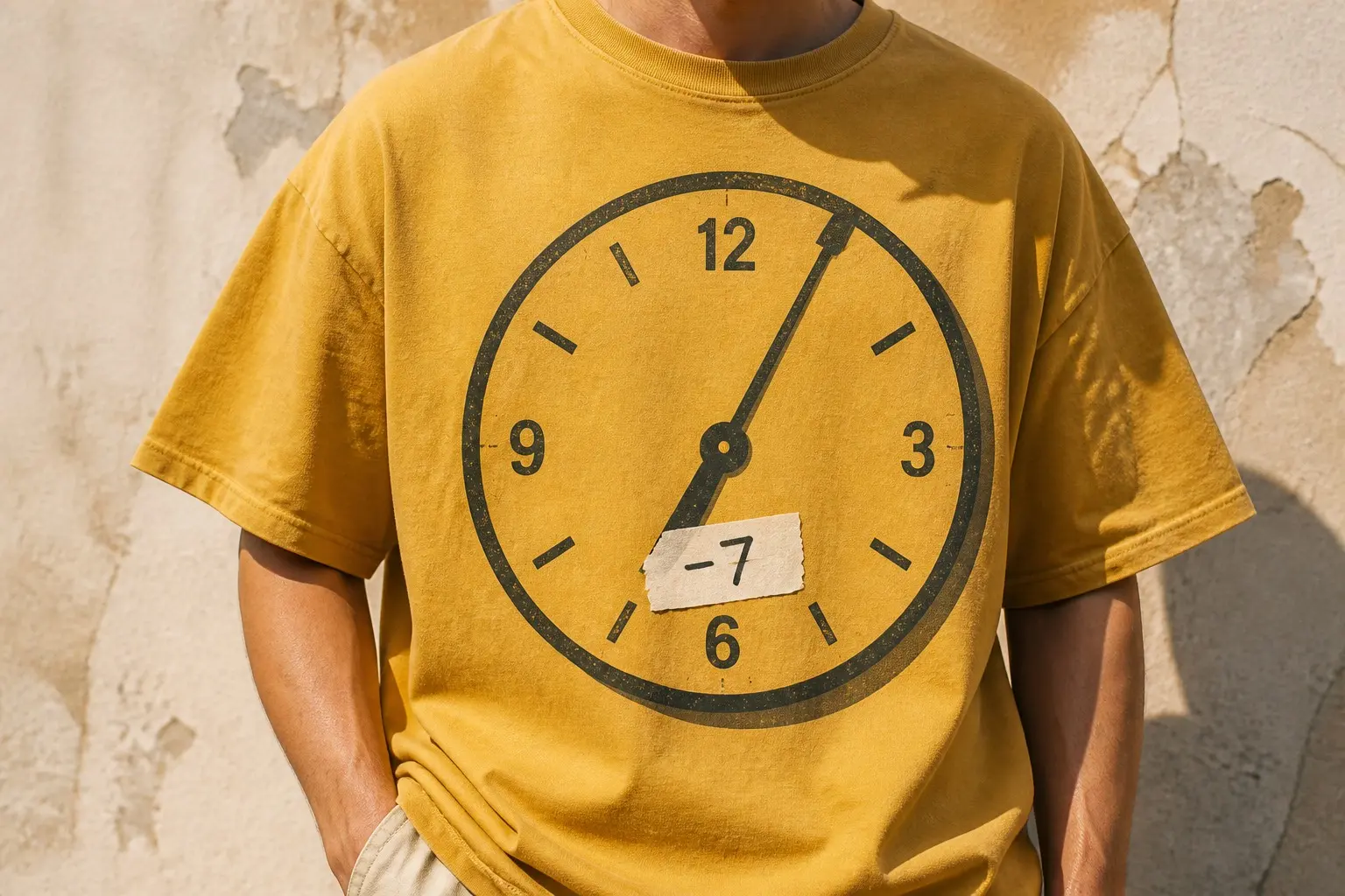 A mustard tee worn from the chest down, printed with a charcoal enamel clock face — figures at 12, 3, 6 and 9, bars elsewhere, hands at about seven minutes past — with a small torn paper slip taped crookedly across the lower half reading -7.