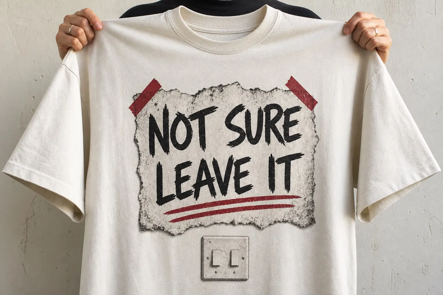 A dirty-white tee held up by two hands, printed with a small two-gang switch plate low on the chest and, towering above it, a torn scrap of paper taped at both corners in thick black biro capitals reading NOT SURE on the first line and LEAVE IT on the second, underlined twice in red.