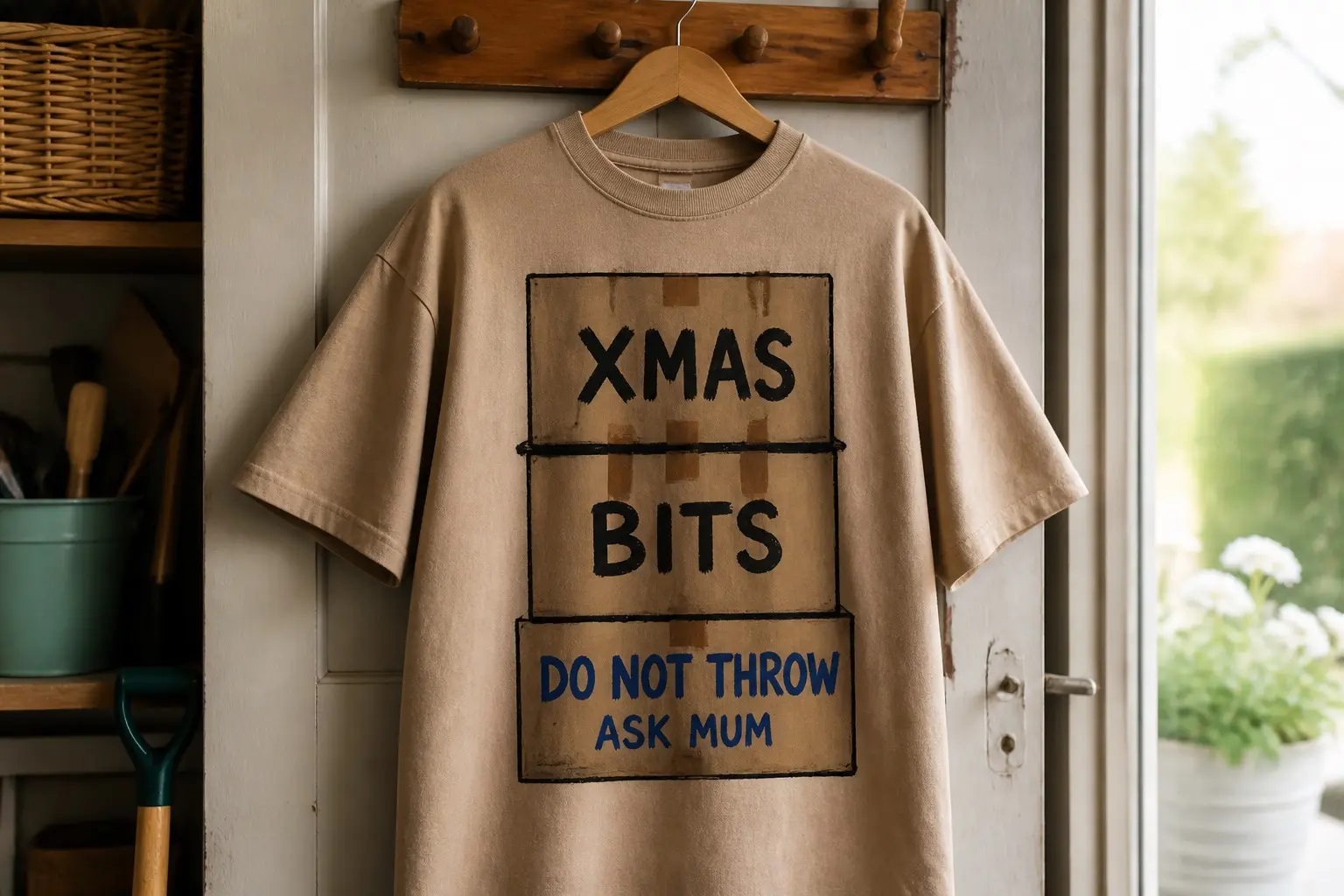 A kraft-tan tee hung on a peg by the back door, printed with three cardboard boxes stacked square on top of each other, taped and marker-labelled XMAS on top, BITS in the middle, and DO NOT THROW in blue with ASK MUM in smaller letters beneath it on the bottom box.
