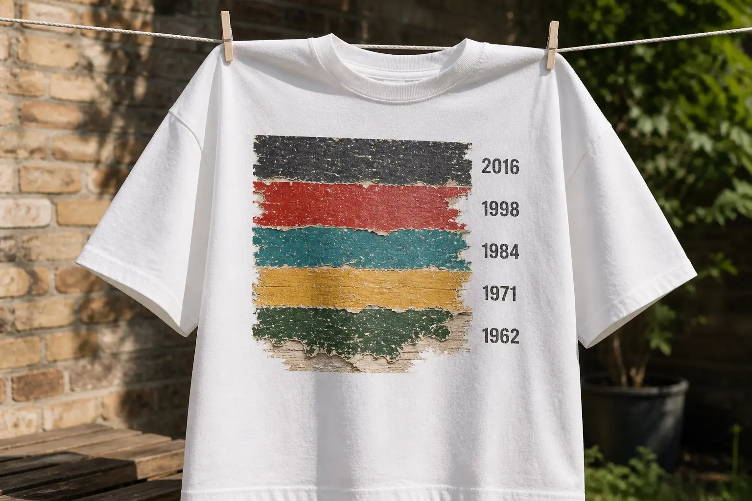 A chalk-white tee pegged on a line, printed with five chipped horizontal paint bands stacked over bare timber — charcoal, red, teal, mustard and deep green from top to bottom — the years 2016, 1998, 1984, 1971 and 1962 lettered in charcoal down the right-hand side, one per band.