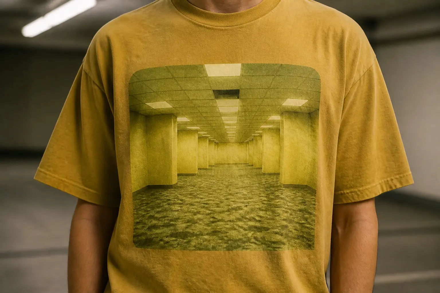 A mustard yellow tee worn by a person from the chest down under a strip light, printed with an empty corridor of identical yellow rooms receding into more identical corners, damp stained carpet, a ceiling with one tile missing, lit evenly with no shadow and no visible light source, and no text anywhere