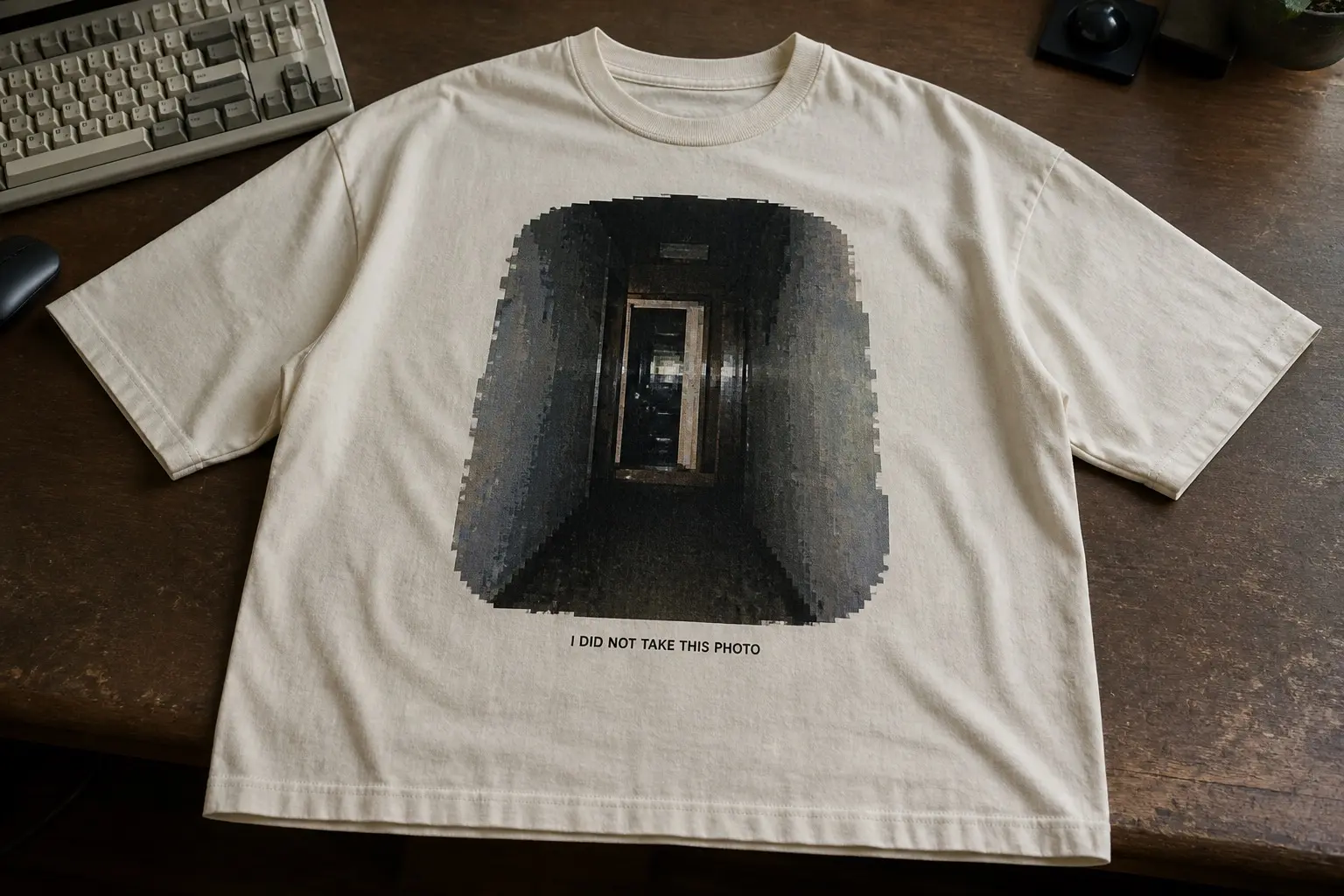 An off-white tee flat on a desk beside a keyboard, printed with a heavily compressed flash photograph of an empty hallway with a doorway at the end, blocky JPEG artefacts clustered in the dark areas, and the line I DID NOT TAKE THIS PHOTO set small beneath it