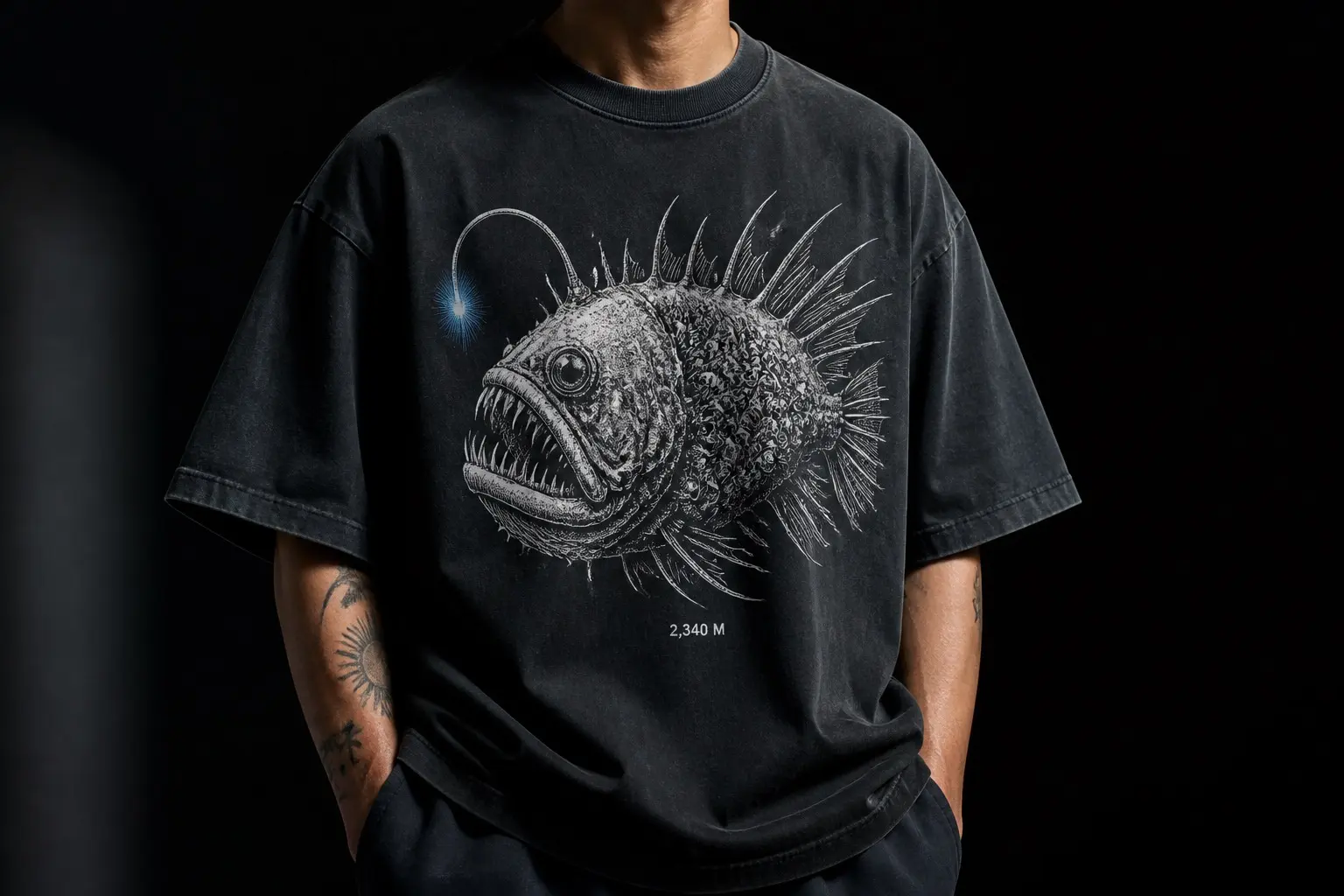 A near-black tee worn by a person from the chest down, printed with a fine stipple-and-hatching engraving of an invented deep-sea creature lit from the left against total black, a single pale lure and a mouth of fine teeth, with the figure 2,340 M printed small beneath it