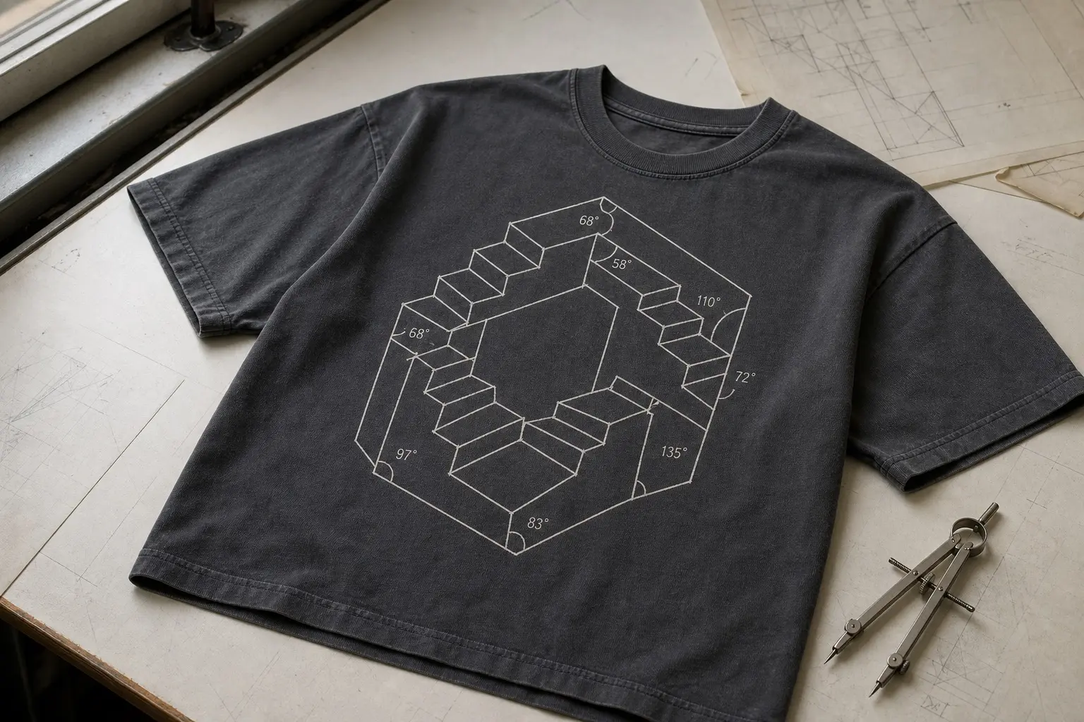 A slate grey tee flat on a drafting table beside a compass, printed with an architectural line diagram of a staircase that returns to its own start in uniform thin bone-white strokes, small numeral angle labels along it, several of them giving the same angle twice with different values