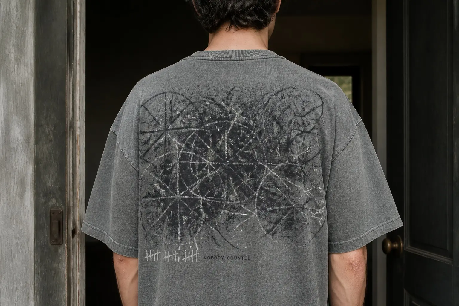 An ash-grey washed oversized tee worn by a man turned away in a doorway, printed across the back with a dark timber face tiled edge to edge with pale scratched discs at many sizes, each spoked from its centre, overlapping and following no grid, with three complete five-bar tally groups along the bottom left and small dark capitals reading NOBODY COUNTED beside them.