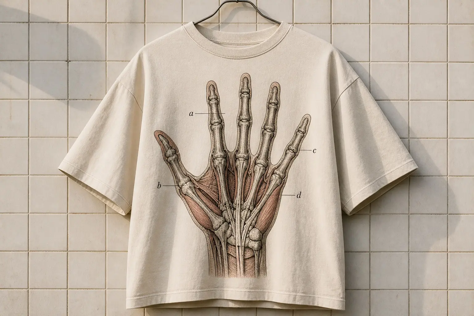 A bone tee on a hanger against a tiled wall, printed with an invented anatomical plate showing a cross section of a hand with one additional joint in each finger, drawn in precise clinical line work with a pale flesh wash, small reference letters a, b, c, d pointing to the extra joints.
