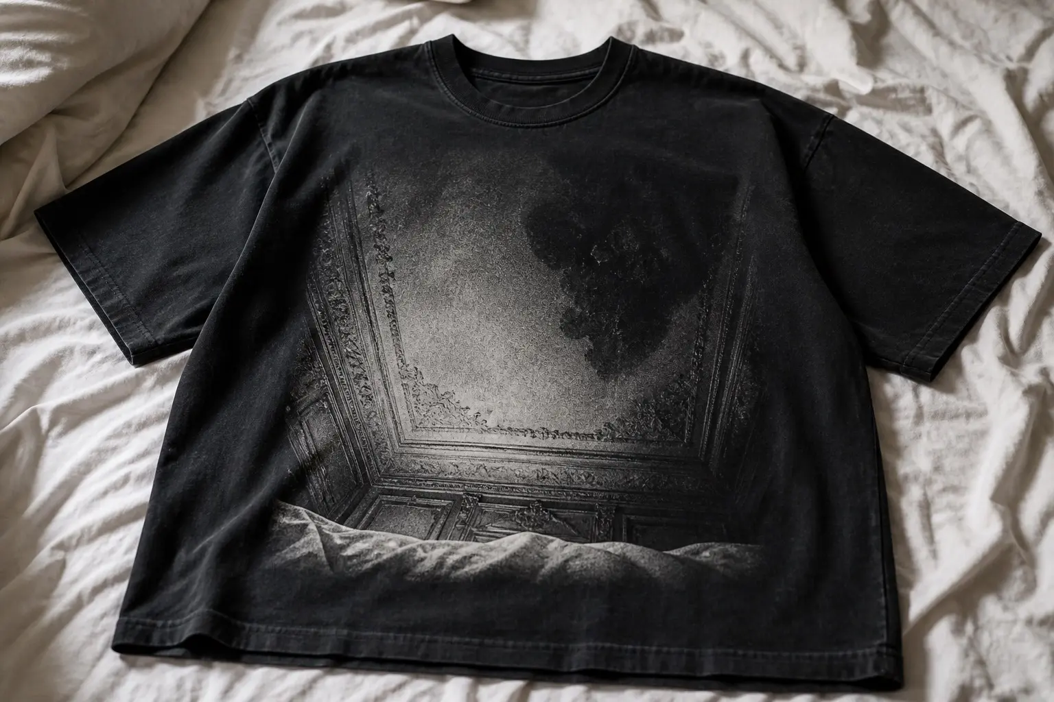 A near-black tee flat on rumpled bedsheets, printed with a mezzotint of a bedroom ceiling seen from below, a weight of darkness gathered in one upper corner that is not quite a figure, and the bedclothes just visible as a pale band at the bottom edge, no text anywhere.