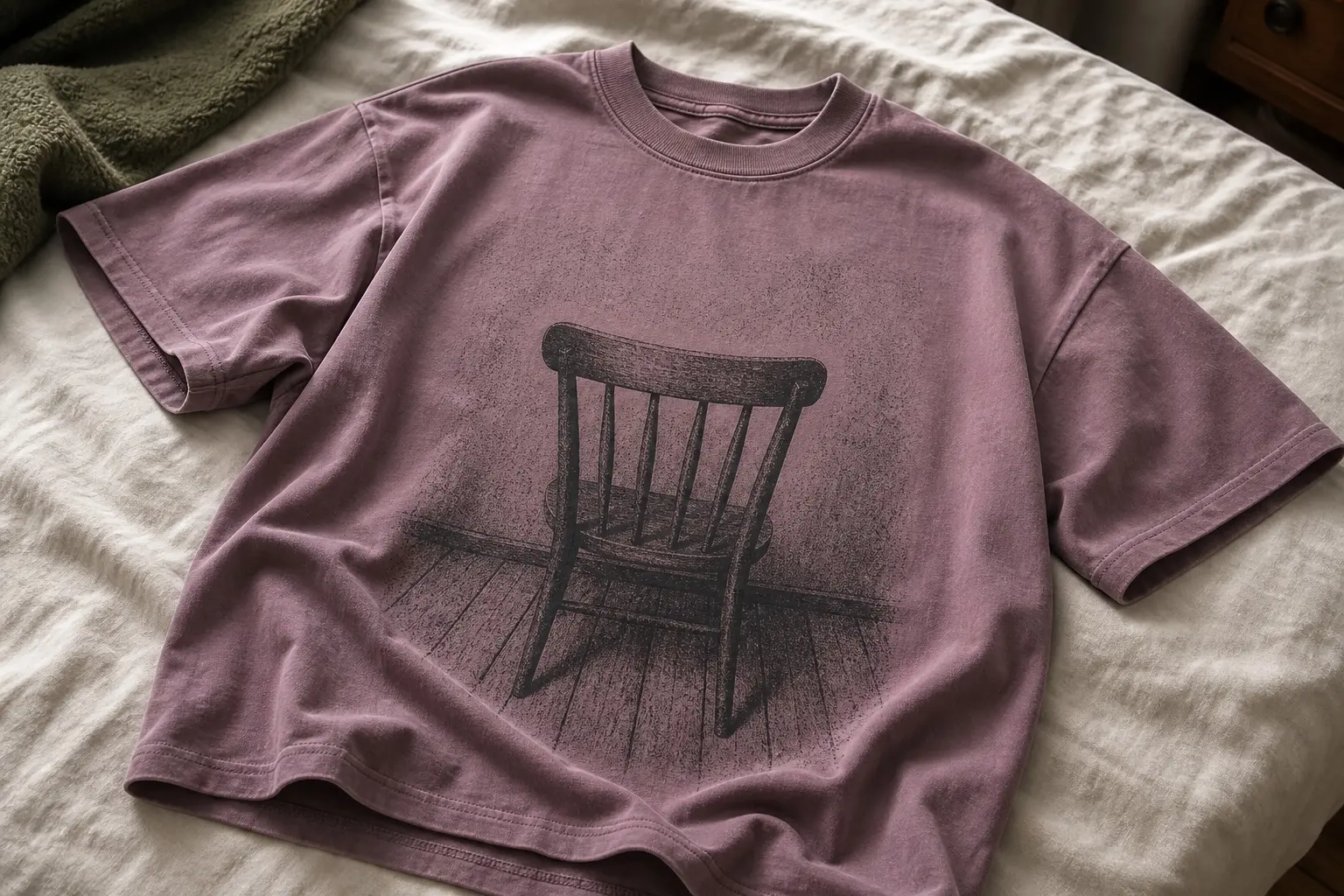 A dusty mauve tee crumpled on a bed, printed in charcoal with a large ordinary spindle-backed wooden chair seen from behind, turned away from the room to face a blank wall, standing alone on plain floorboards that run off the bottom edge of the print.