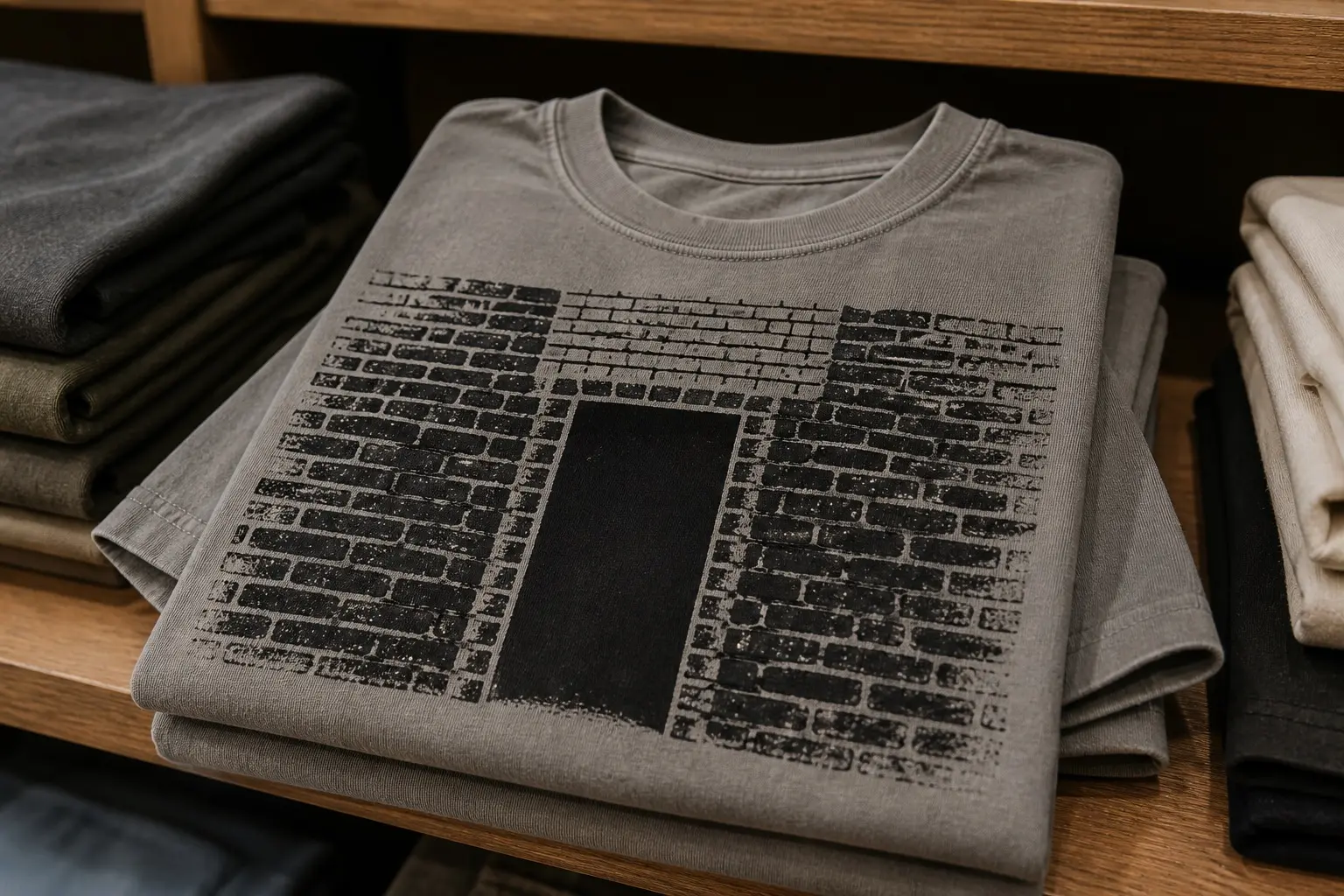 A warm grey tee folded on a shelf, printed with a flat expanse of soot-black old brickwork running off all four edges, one plain black doorway opening set into it, the surrounding courses out of line, the mortar a different width, and a straight vertical seam running from the top corners of the opening to the top edge.