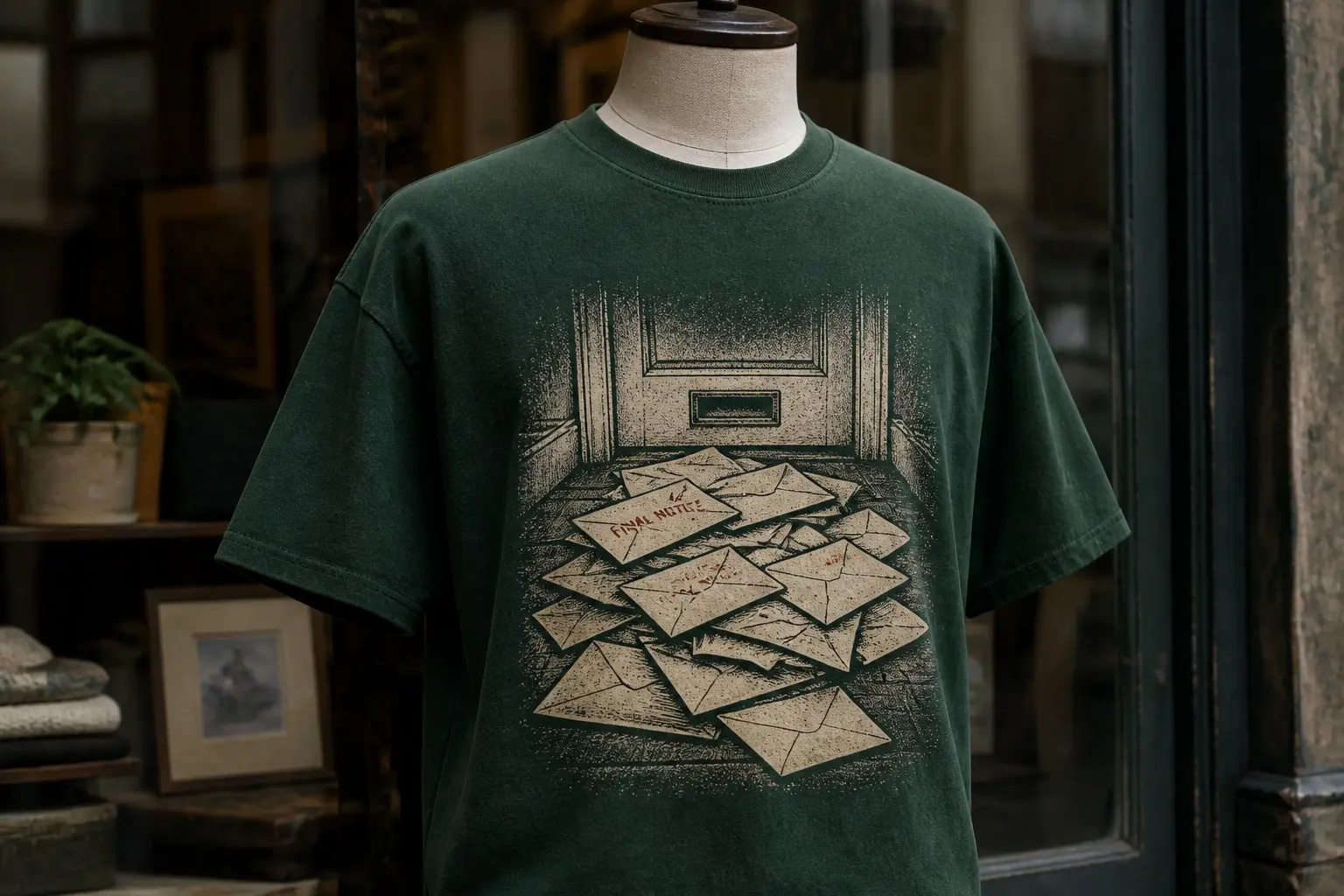 A bottle green tee on a shop-window bust, printed with the inside of a front door in cream and dull red, a letterbox above a thick drift of unopened post fanned across the doormat, most envelopes face down and dust settled on the lowest layer, with two near the top carrying a red FINAL NOTICE border.