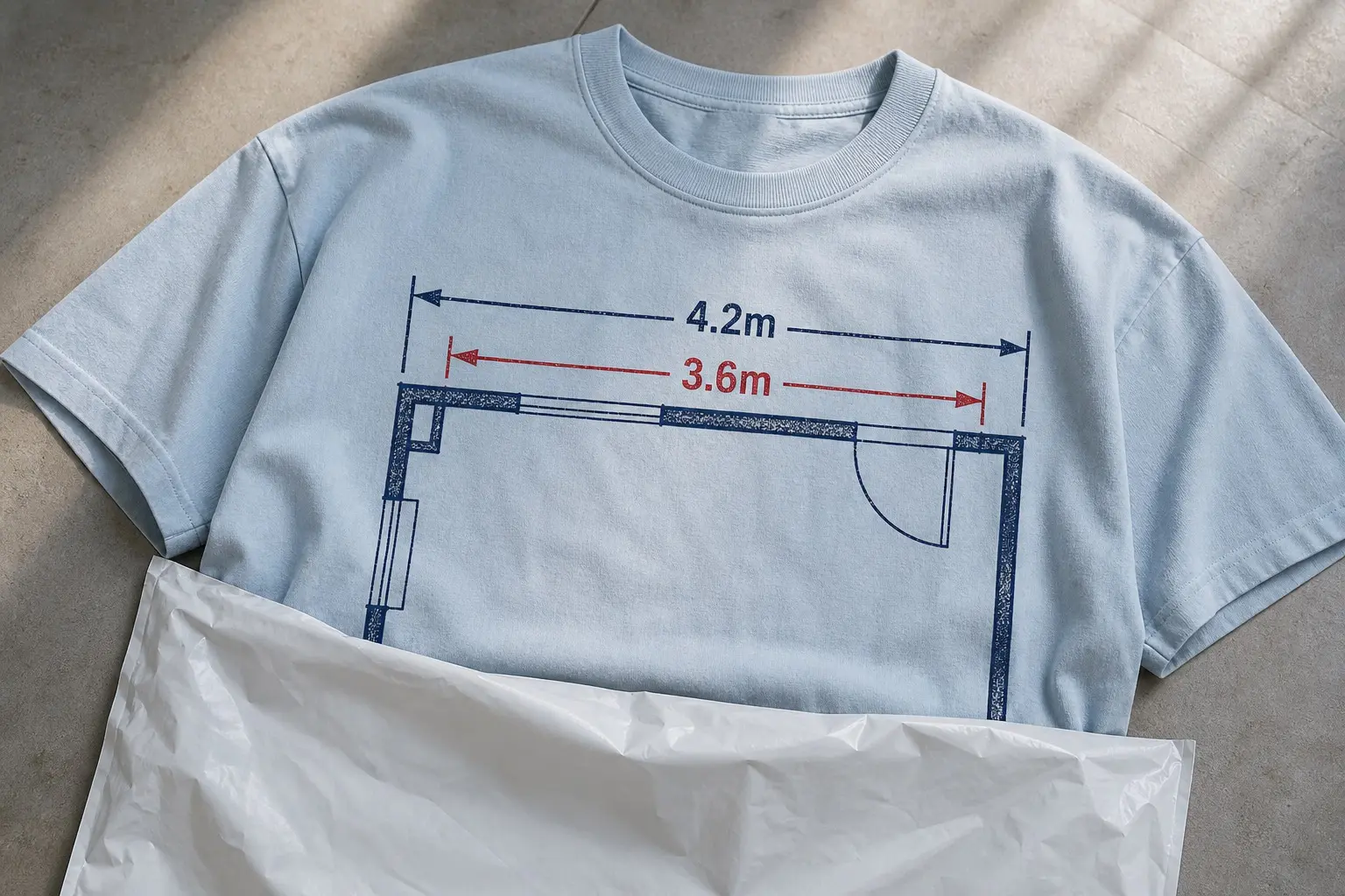 A pale blue tee half out of a shipping bag, printed with a thin navy architectural floor plan of one rectangular room cropped so its walls run off two edges, a dimension line outside the top wall reading 4.2m and a second dimension line in red inside the same wall reading 3.6m, with nothing else annotated.