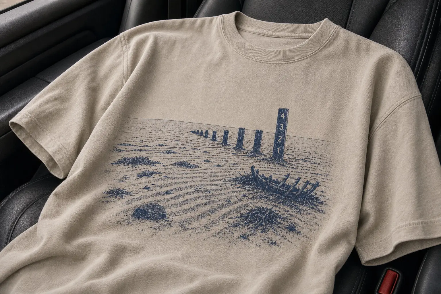 A wet-sand tee thrown across a car seat, printed with a wide expanse of dry ribbed seabed in slate blue, groyne posts, stranded weed and a wrecked boat's ribs, and a tide gauge board scaled 4 to 1 with the sand dry well below the lowest mark, under an empty sky.
