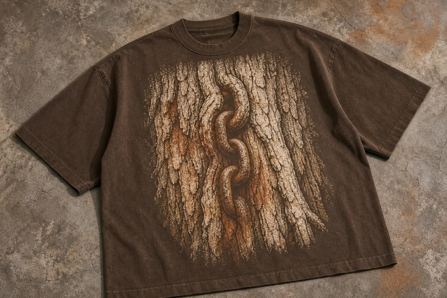 A bark-brown tee flat on a surface, printed with a close section of mature tree trunk in cream and oxidised rust filling the frame, bark rendered in fine detail with an old iron chain emerging from the wood — three or four links visible, the rest swallowed — the bark healed into raised lips on both sides of the chain with rust staining the surrounding wood, and the chain visibly entering the trunk without coming out anywhere.