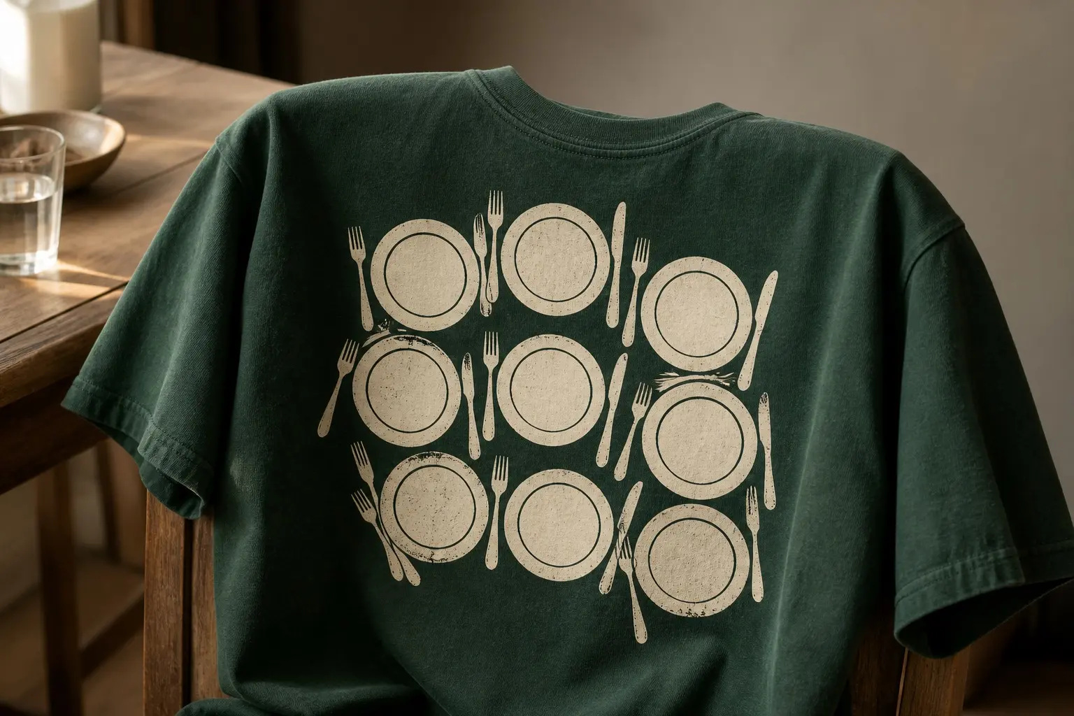 A deep green tee draped over the back of a chair, printed with an overhead view of a cream dining table laid with nine identical place settings of plate, knife and fork arranged around a surface sized for six, three of the settings crowded in at odd angles with cutlery overlapping their neighbours, no food, chairs or people shown.