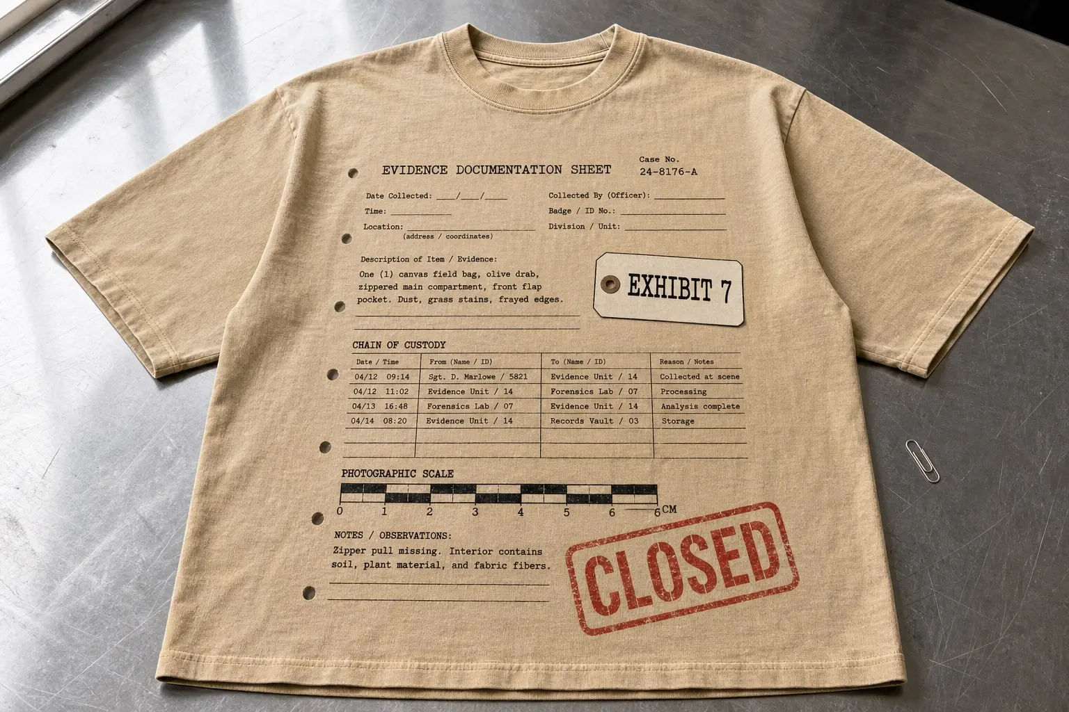 A manila buff tee lying flat on a metal desk beside a paper clip, printed with an Evidence Documentation Sheet headed Case No. 24-8176-A, blank fields for date, time, location and officer, a description of a canvas field bag, an Exhibit 7 tag, a four-row chain of custody table, a centimetre scale ruler, handwritten notes, and a crooked scarlet CLOSED stamp
