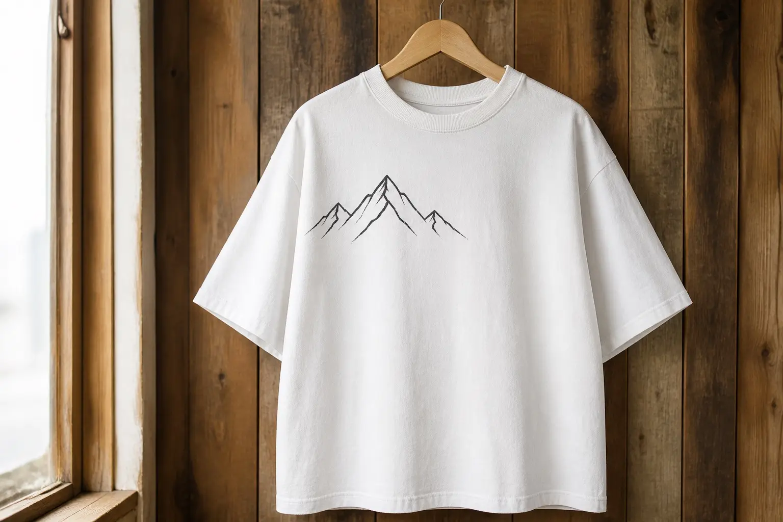 A white shirt printed in charcoal with one small five-line mountain outline, about the size of a matchbox, placed alone high and left of centre on the chest, with the rest of the shirt left empty.