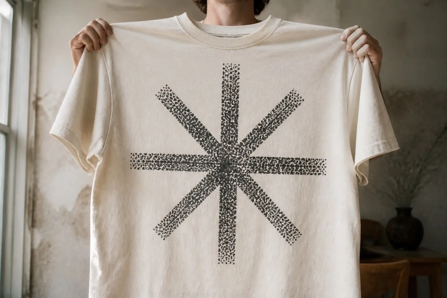 A bone shirt printed in charcoal with one large eight-pointed asterisk mark, every stroke visibly built from individual irregular dots of slightly different sizes, as if punched one at a time.