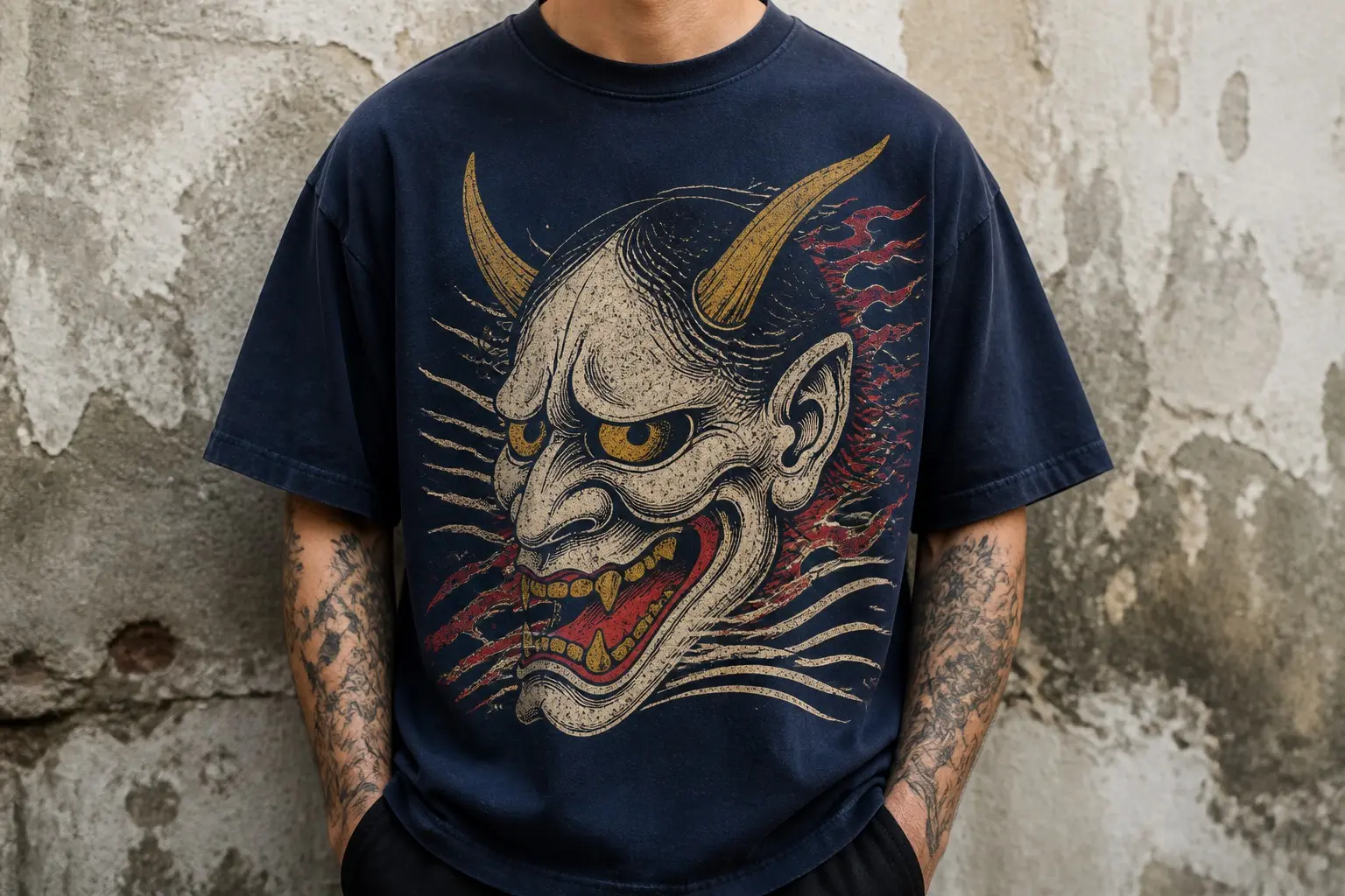 A deep indigo shirt printed in cream, red and gold with a hannya mask shown at a three-quarter turn, horns swept back, mouth open with bared teeth, one eye catching the light, and flowing wind-bar lines behind it running off both edges of the print.
