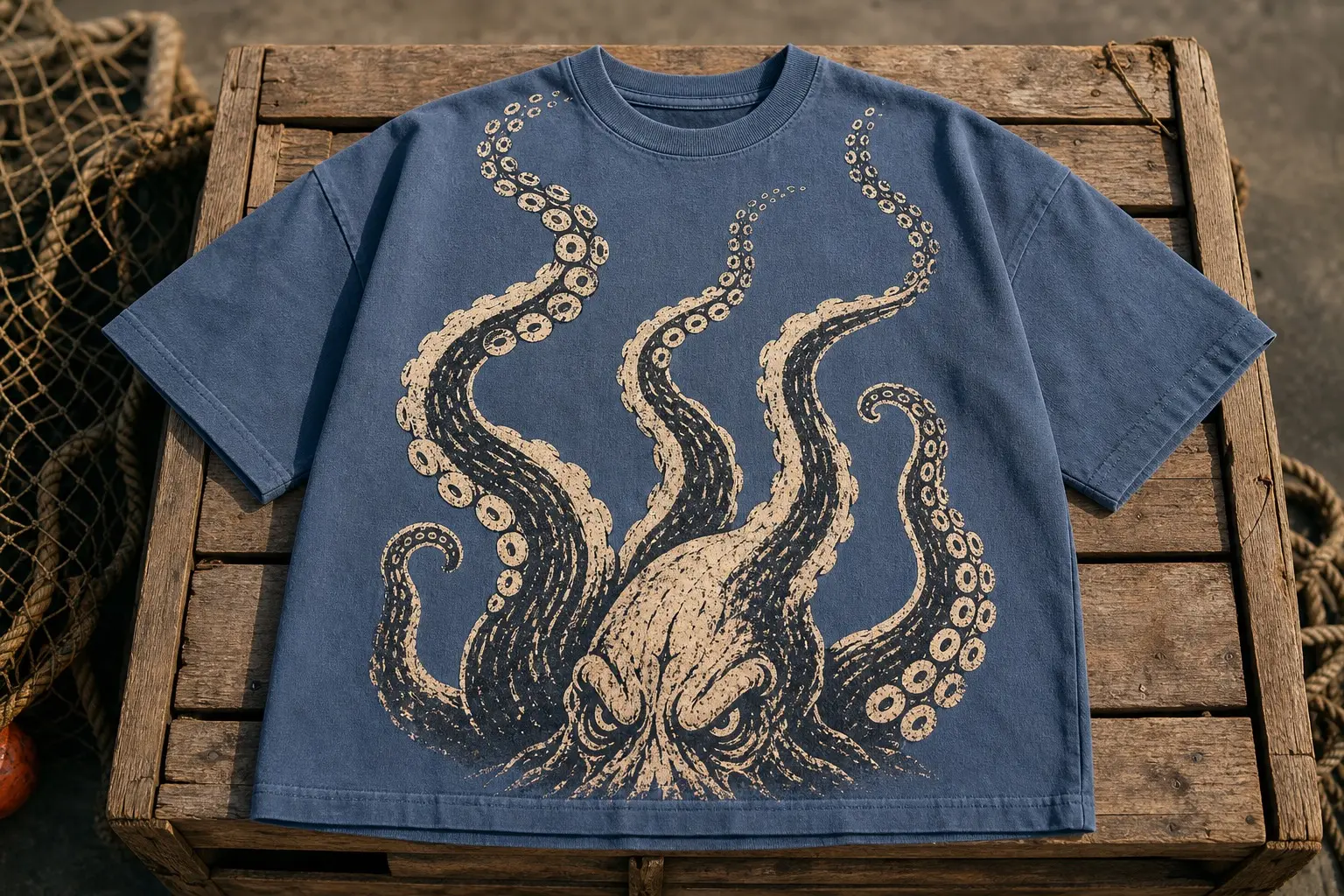 A steel blue shirt printed in cream and black with a kraken's head low in the frame, five tentacles rising and curling upward and outward, each thinning into separate suckers towards its tip, and the outermost tentacle running off the top edge of the print.
