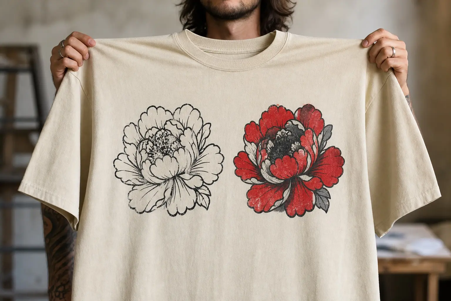 A cream shirt printed in black, red and grey with the same peony drawn twice at matching scale — on the left the outline alone with empty petals, on the right the identical outline filled with flat colour.