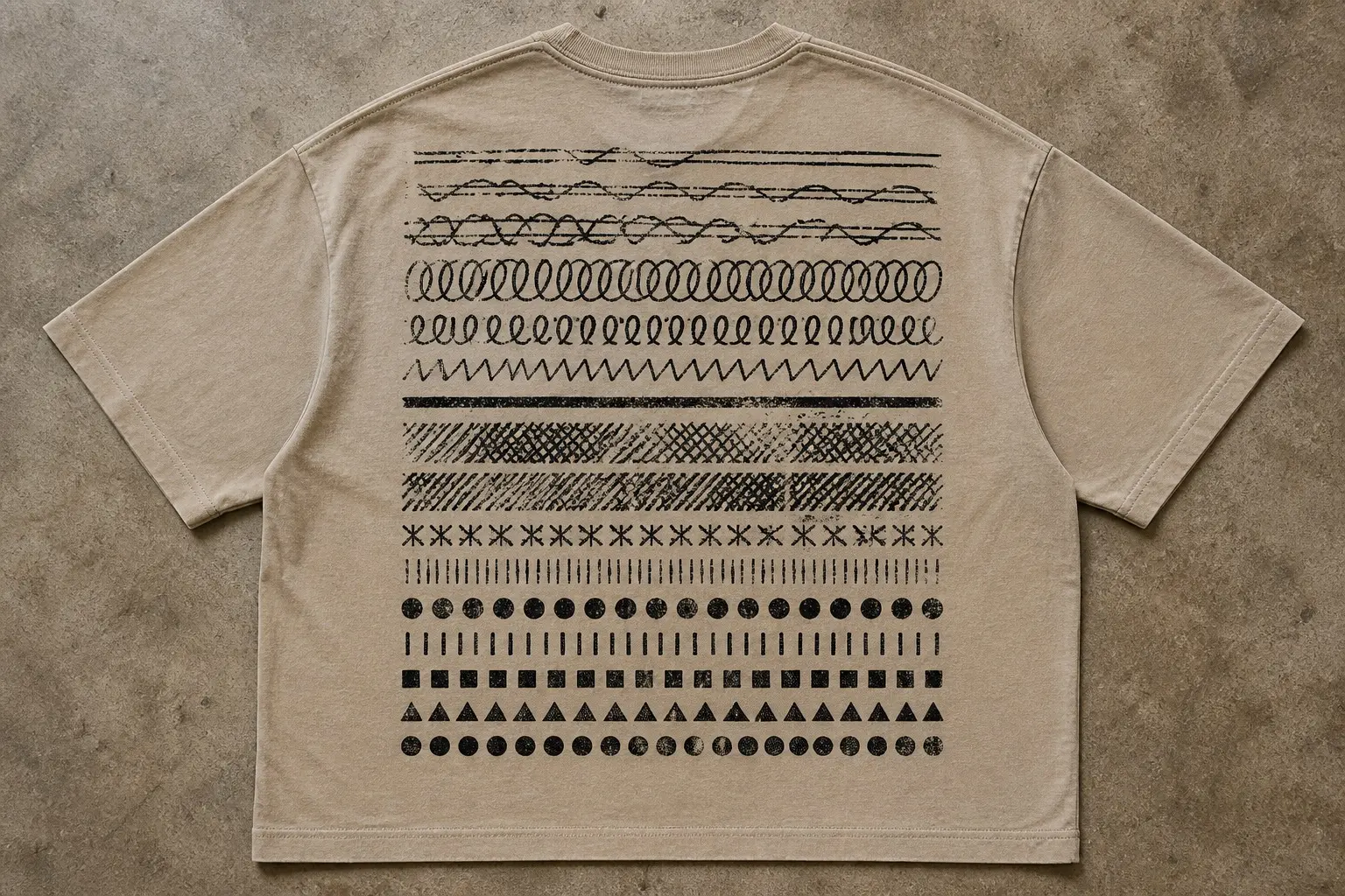 A stone shirt printed edge to edge in black with rows of practice tattoo marks — wavering lines, coils, loops, zigzags, cross-hatched blocks, small stars, dashes and dots, then rows of squares, triangles and circles — running from collar to hem, fainter and less even near the top and denser and more even toward the bottom, with no text anywhere.
