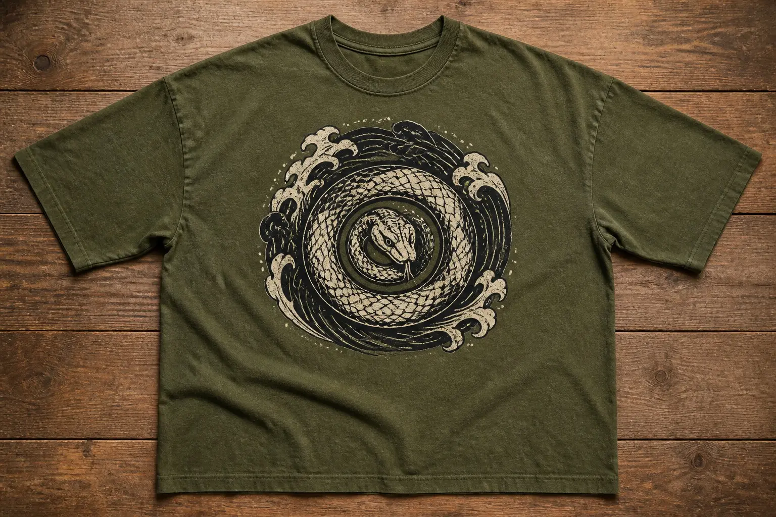 An olive shirt printed in black and cream with a snake coiled into a flat spiral seen from directly above, its body narrowing evenly from the outer coil to the head at the centre, scales rendered as short parallel strokes, tongue out.
