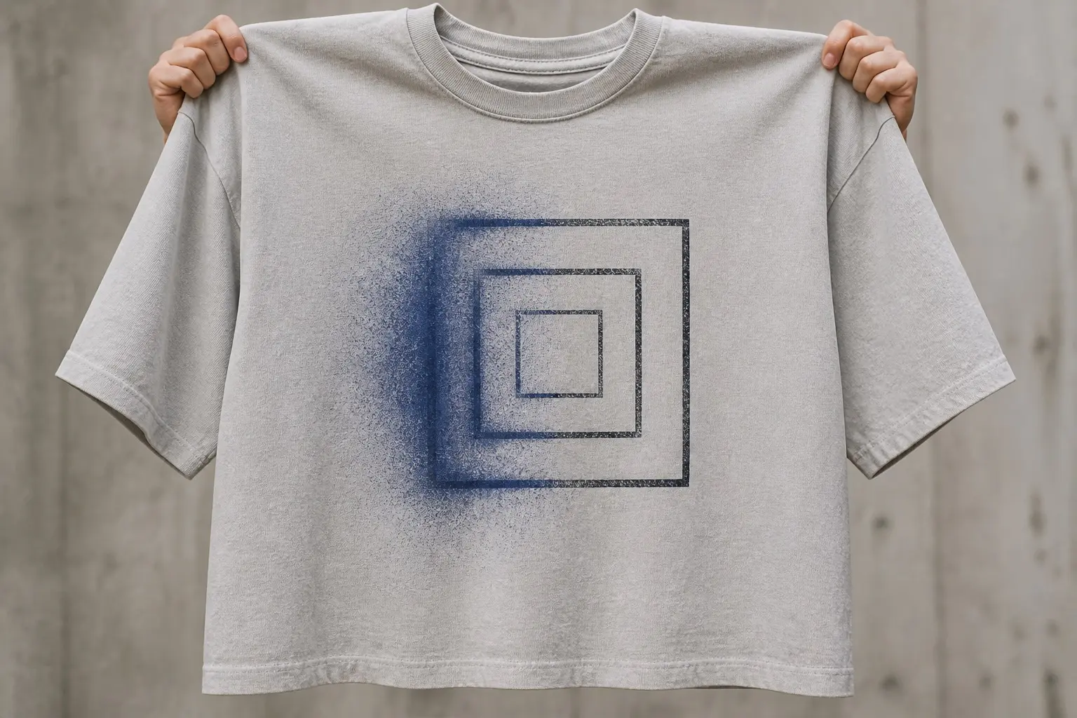 A pale grey tee held up by two hands, printed with a small geometric design of three concentric fine-line squares in soft black — three edges perfectly crisp, and along one edge the line has spread outward into a feathered, ink-blue haze, as if it had migrated sideways.