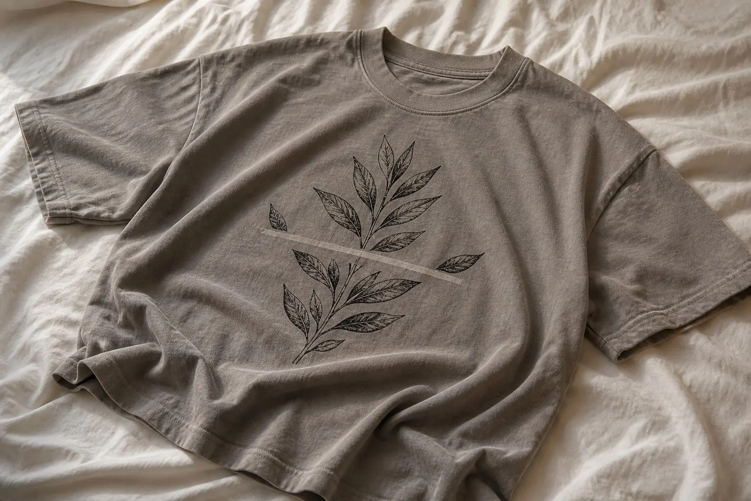 A warm grey shirt crumpled on a bed, printed with a fine-line laurel branch in soft black, running through its middle a long irregular bare line of untouched fabric where the ink stops on both sides, two leaves set either side rather than crossing it.