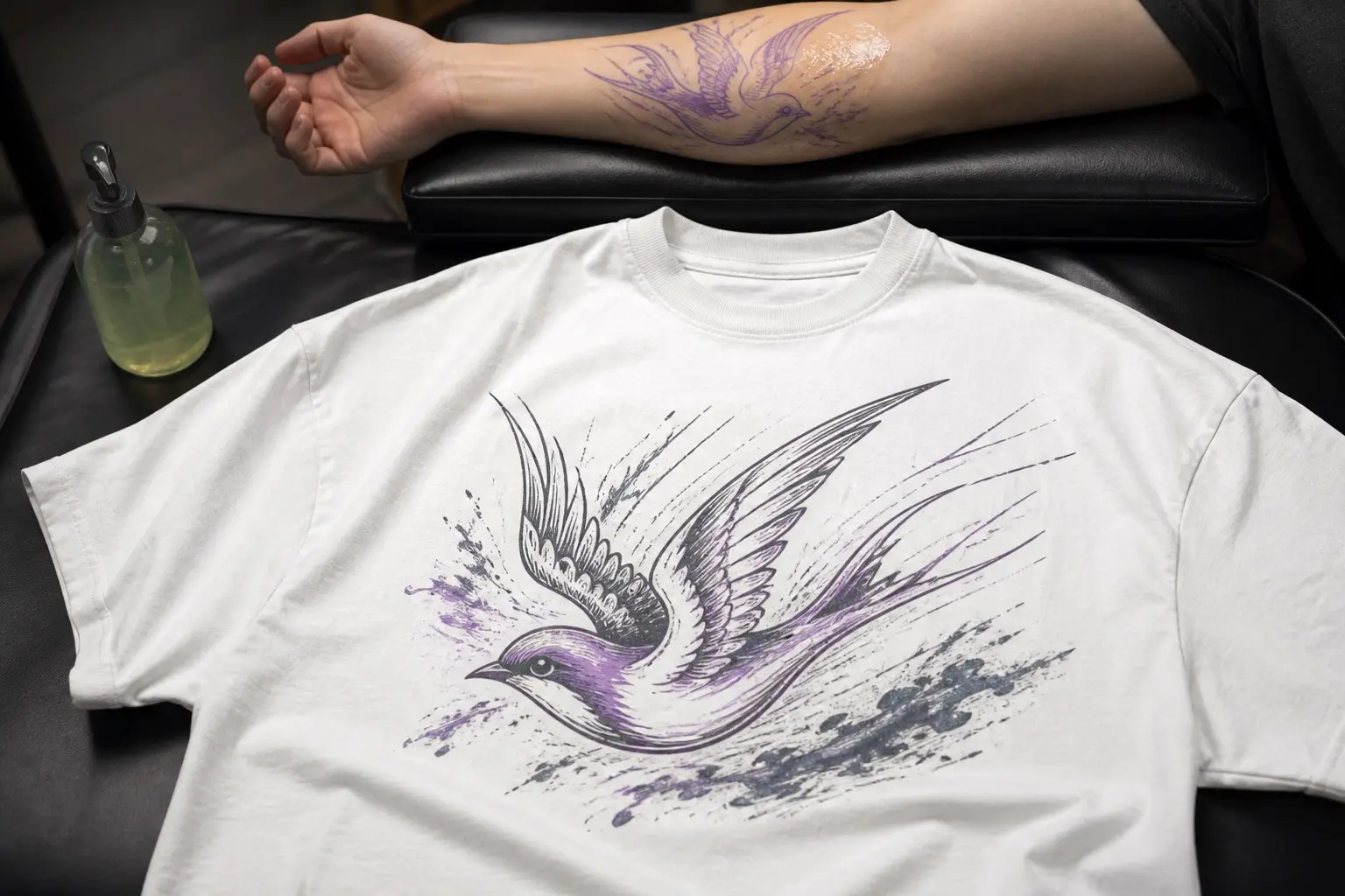 A white shirt printed in violet and charcoal showing a forearm on a padded rest seen from directly above, a purple stencil transfer of a swallow on the skin with lines smudged at one edge, a smear of transfer gel across part of it, and no ink anywhere yet.
