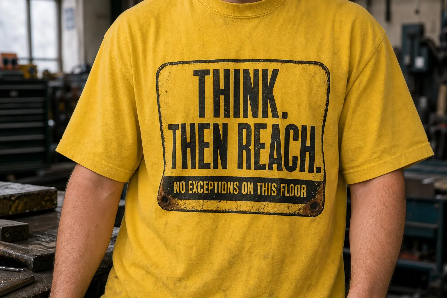 A safety-yellow tee worn from the chest down in a workshop, printed with an enamel works notice in a heavy black border reading THINK. THEN REACH. in large condensed capitals, with NO EXCEPTIONS ON THIS FLOOR in a black bar beneath, two bolt holes, and grime settled in the lower corners.