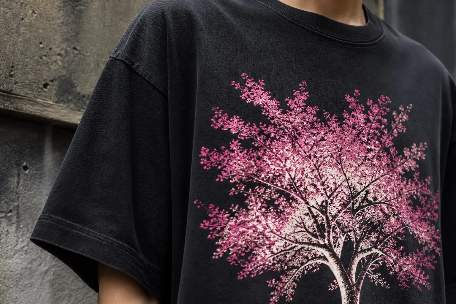 A person wearing a black tee cropped to one shoulder and sleeve, printed with a single cherry tree in full blossom at night in bone white and hot pink, lit hard from below so the undersides blow out and the branches throw shadows upward into a completely black sky.