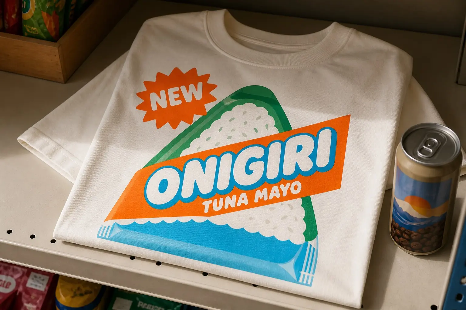 An off-white tee flat on a lit shop shelf beside a canned coffee, printed as glossy triangular rice-ball packaging with a bold diagonal band, ONIGIRI in chunky rounded capitals, TUNA MAYO beneath and a starburst reading NEW