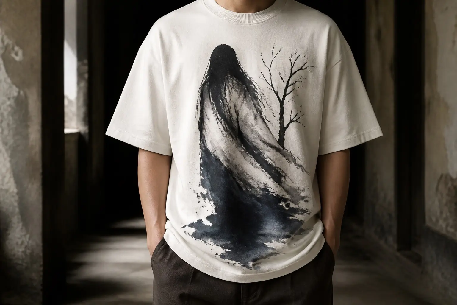 A person from the chest down in a dim corridor, wearing an off-white tee printed with a long-haired figure in a pale robe painted in loose black ink, its lower half dissolving into an indigo wash with no feet, beside a bare willow branch