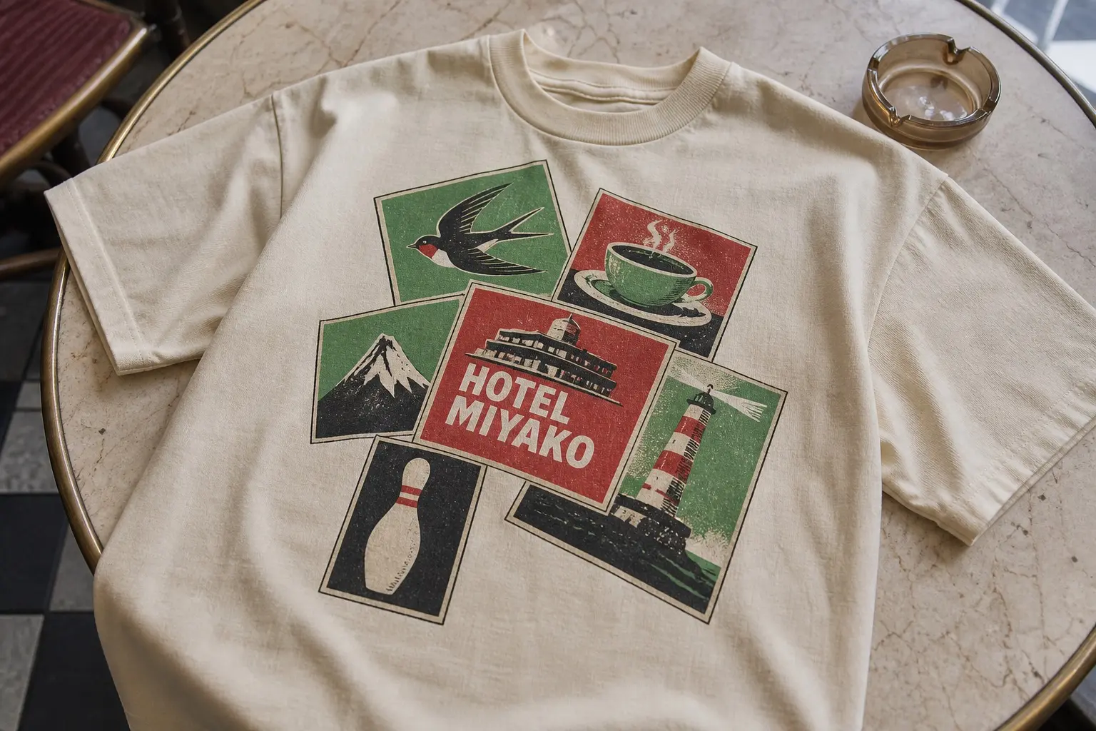 A cream tee flat on a cafe table beside an ashtray, printed with five small lithographed matchbox labels at slight angles — a swallow, a coffee cup, a mountain, a bowling pin and a lighthouse — one reading HOTEL MIYAKO