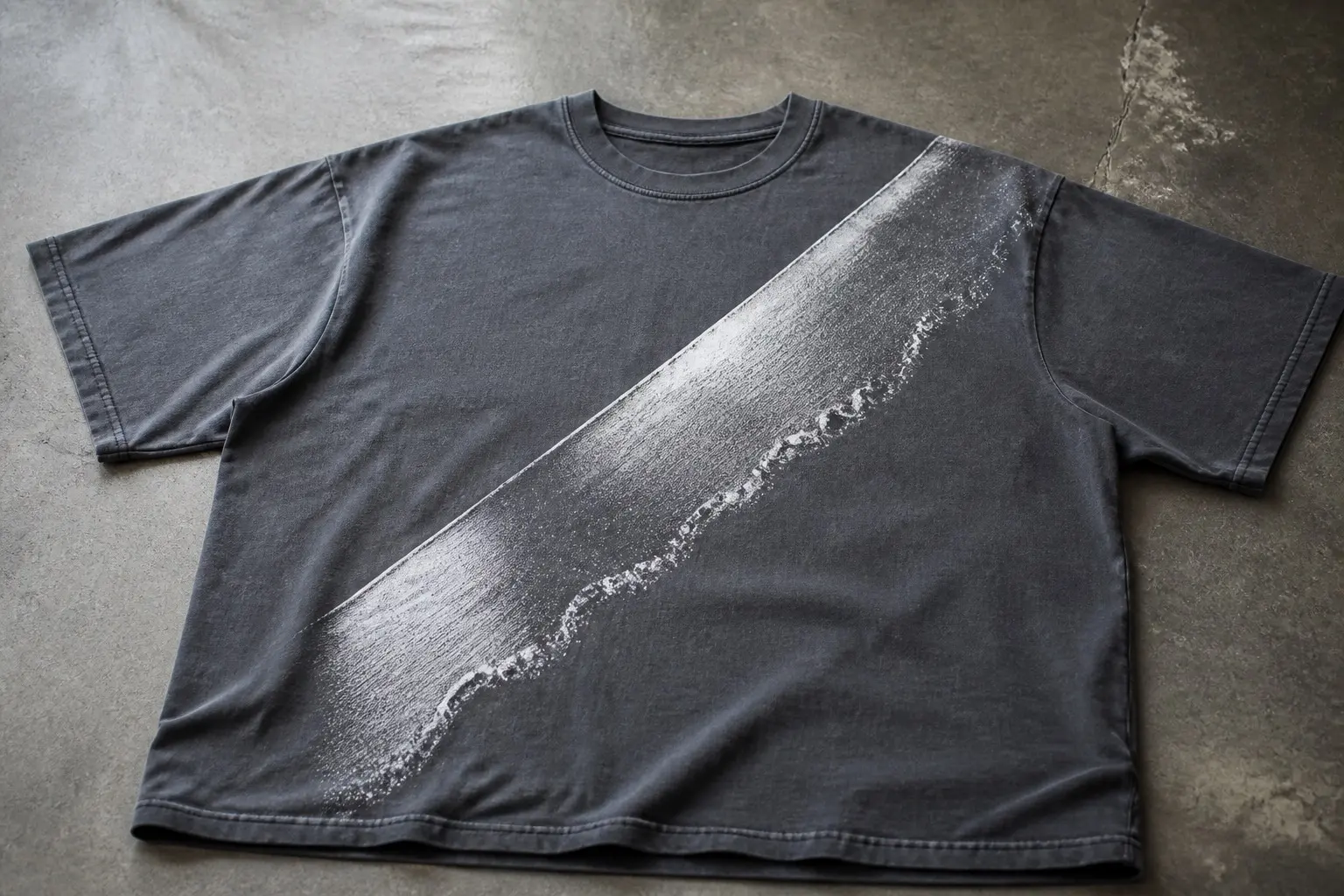 A slate tee flat on a surface, printed with an extreme close-up of a polished steel blade running diagonally across the chest, showing a cloudy, grainy, irregular temper line scattered with particles along its border, with no hilt, guard or hand in frame.