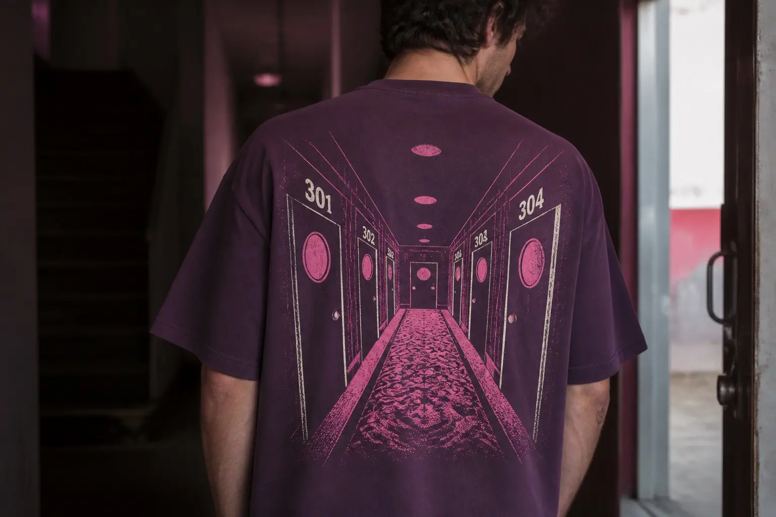 An aubergine tee worn from behind and half-lit by a doorway, printed with a narrow windowless corridor in hot pink and bone receding in one-point perspective to a door at the far end, both walls lined with identical numbered doors each glowing a different colour through a small round porthole, patterned carpet running the length, near doors reading 301, 302, 303 and 304.