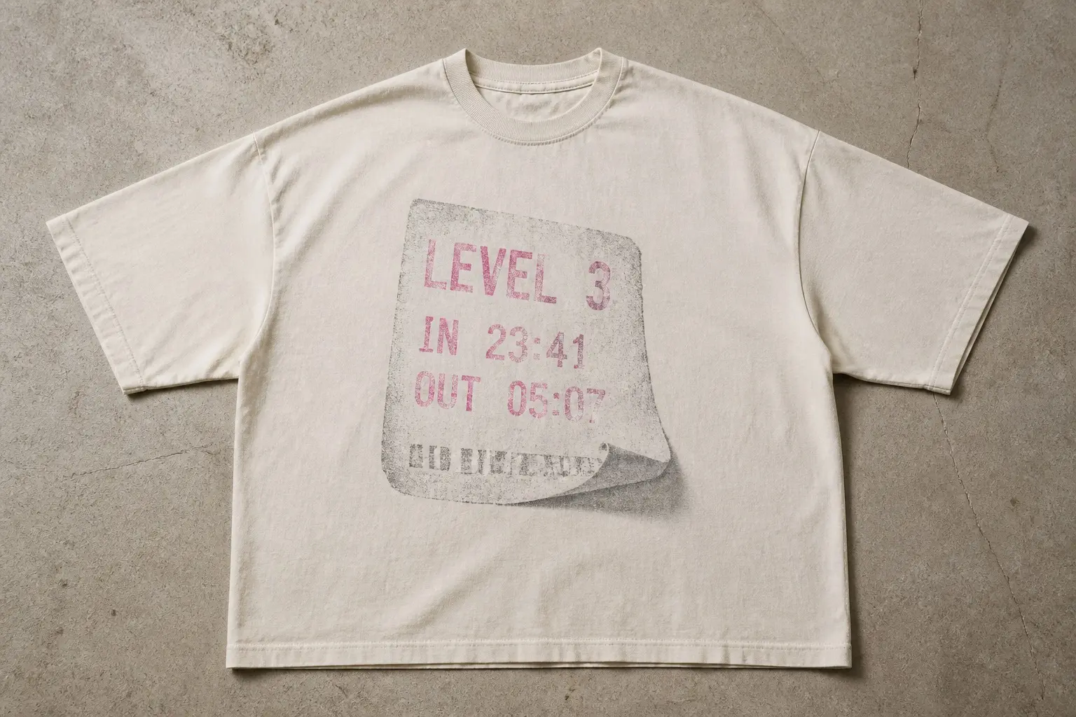 A bone tee photographed flat from directly overhead, printed with a small thermal car-park ticket at a slight angle, curling at one end with edges furred where it tore from the machine and the printing faded and patchy, legible text reading LEVEL 3, IN 23:41 and OUT 05:07, a row of small squares where a barcode has almost faded out, and the paper's own ragged edge forming the print's edge.