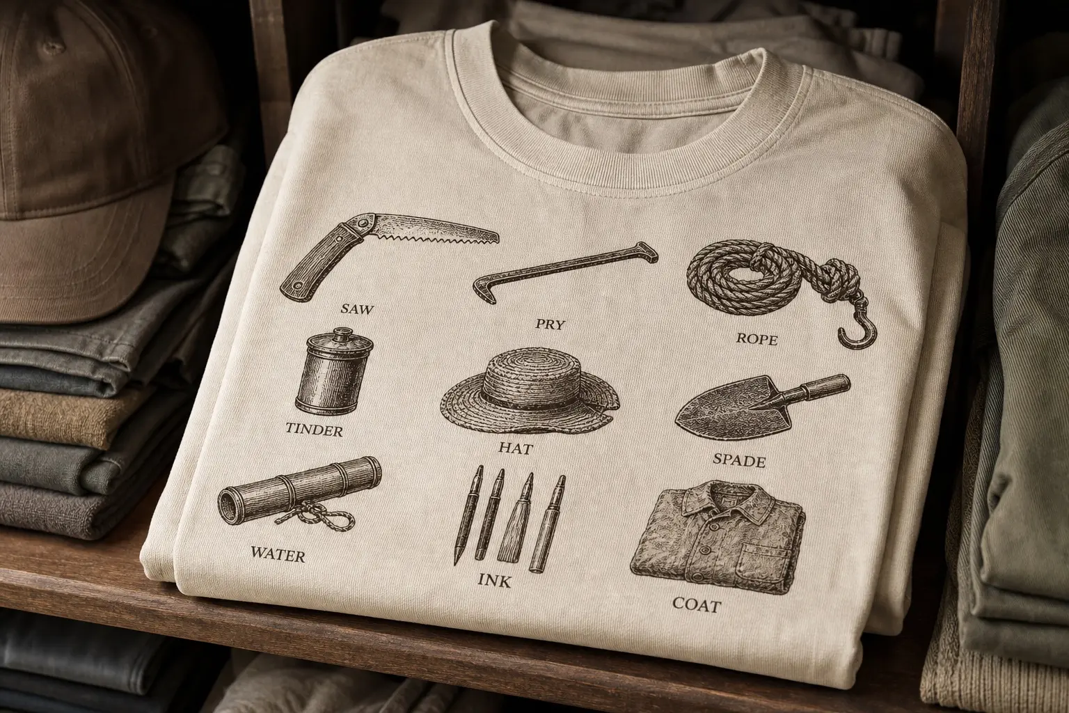 An oat tee folded on a shelf, printed with nine antiquarian catalogue drawings in sepia laid out in a grid, each labelled in plain capitals — SAW, PRY, ROPE, TINDER, HAT, SPADE, WATER, INK, COAT