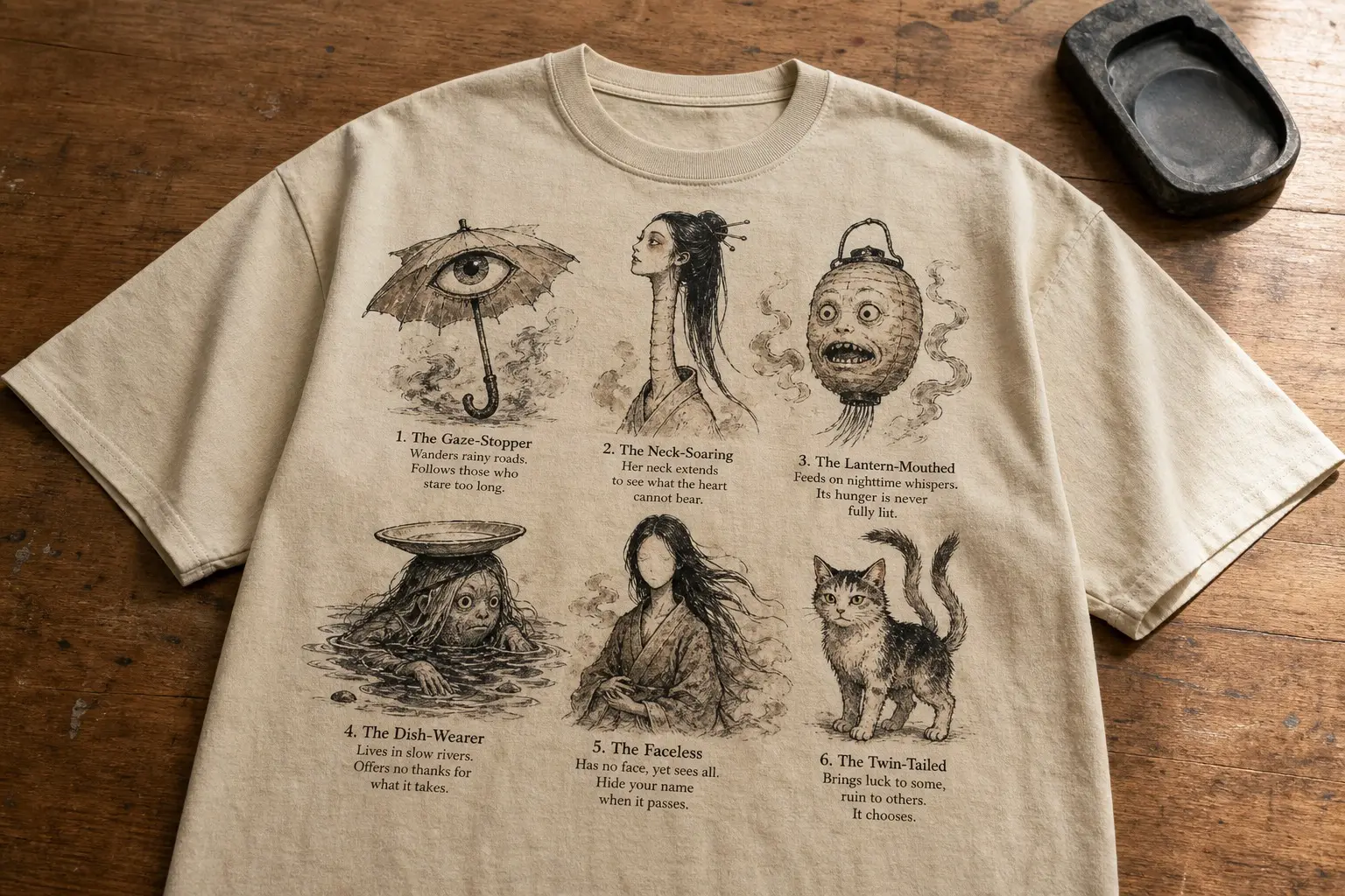 An aged parchment tee flat on a wooden desk beside an inkstone, printed with six brush-and-ink folkloric creatures — a one-eyed umbrella, a long-necked woman, a lantern with a face, a river dweller, a faceless figure and a two-tailed cat — each numbered with a short English caption
