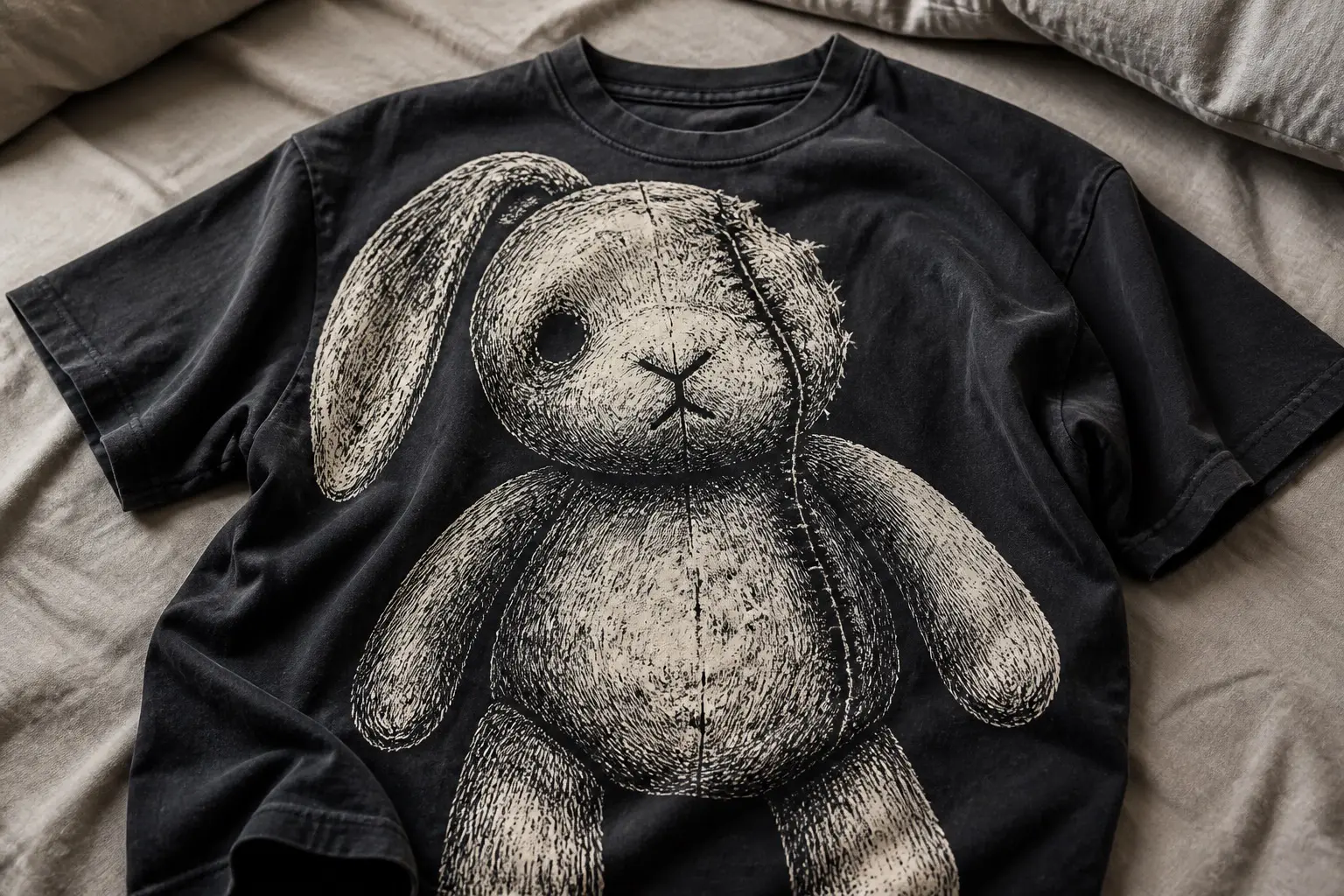 A faded black tee crumpled on a bed, printed with a large bone-white woodcut of a soft toy rabbit — one ear hanging on, the other gone at the seam, one eye missing, the pile rubbed bald across the face and belly, and a long repair seam sewn in visibly coarser stitching down the face and body.