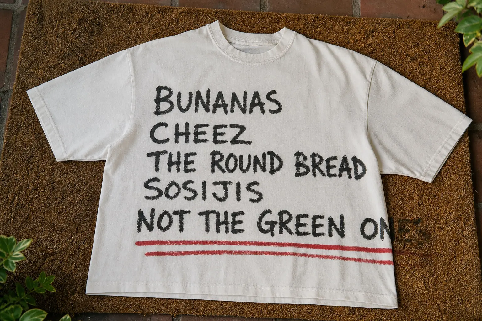 A dirty white tee flat on a doormat, printed in felt-tip with BUNANAS, CHEEZ, THE ROUND BREAD, SOSIJIS and, longer than the rest and underlined twice in red, NOT THE GREEN ONE.
