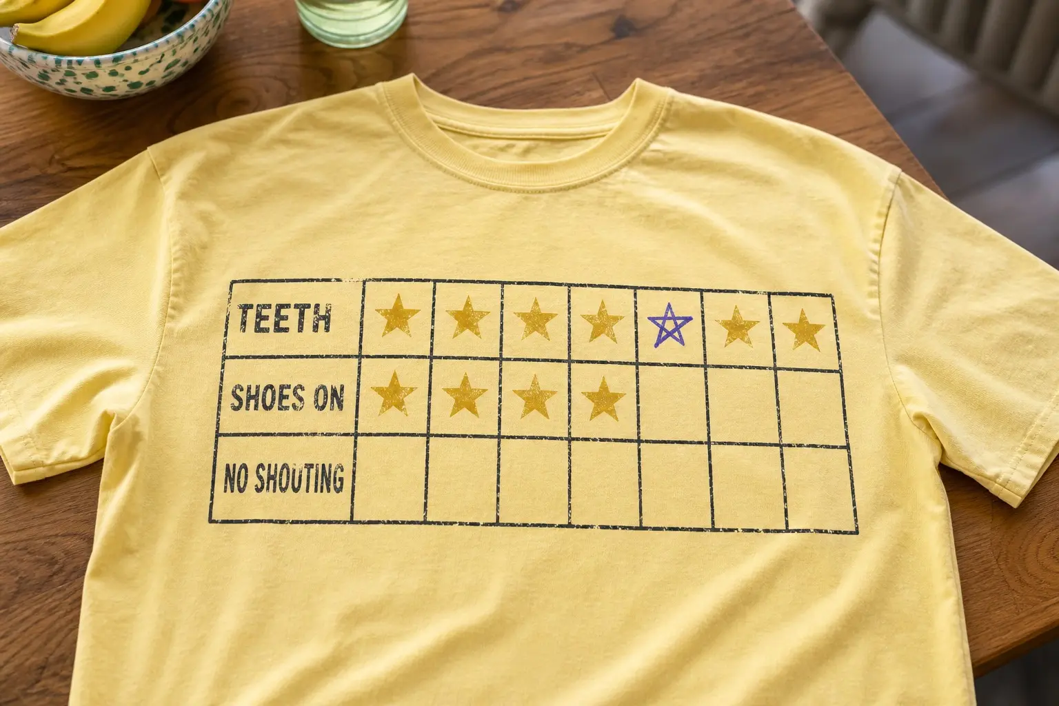 A pale yellow tee flat on a kitchen table printed as a grid of seven columns and three rows labelled TEETH, SHOES ON and NO SHOUTING, TEETH full with seven gold stars including one drawn on in blue biro, SHOES ON with four stars and three empty cells, and NO SHOUTING completely empty.