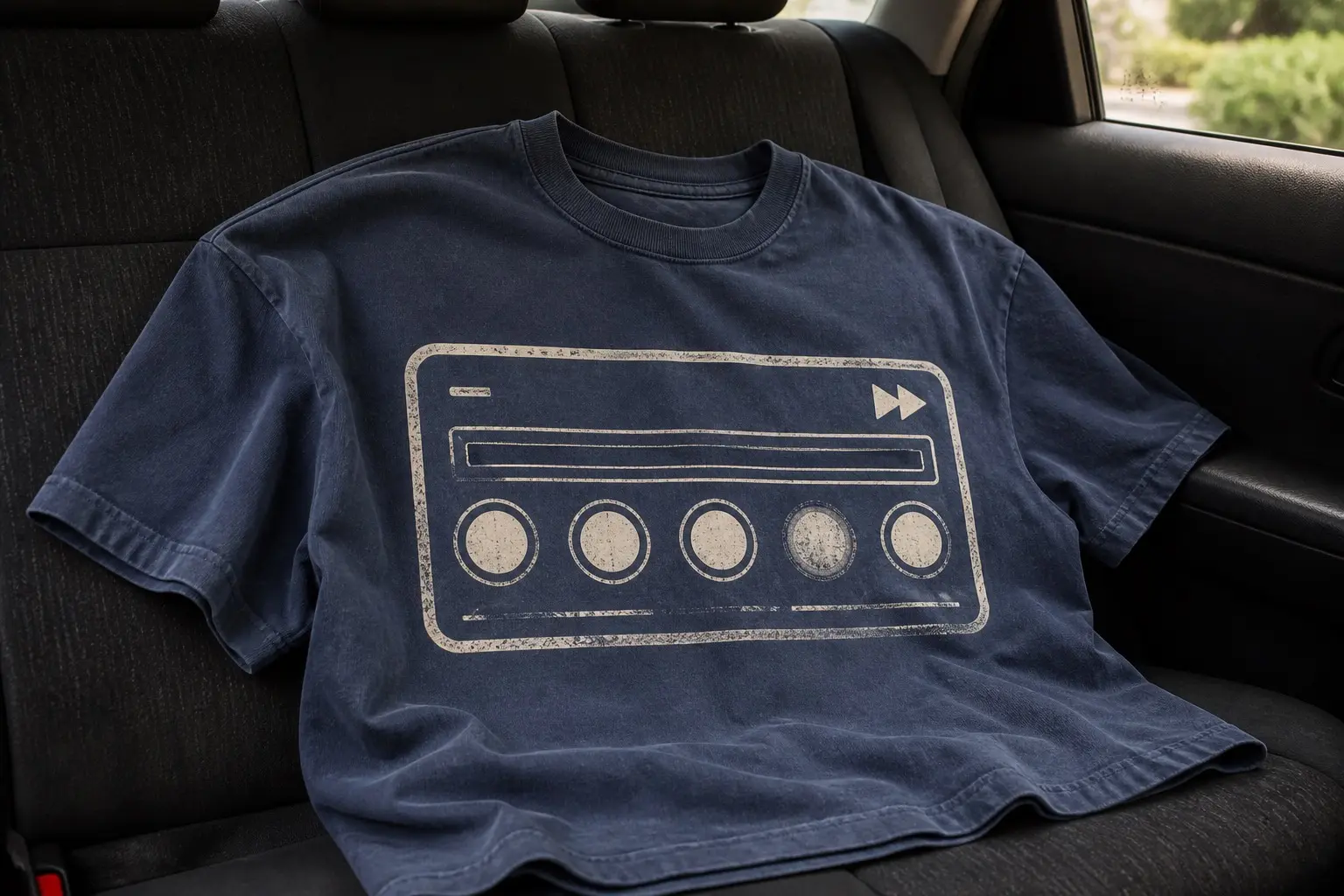 A slate-blue tee thrown across a car's back seat, printed in cream line work with a flat stereo face — a row of round preset buttons, one duller and more worn than the others, and a skip-forward icon lit bright in the top right corner.