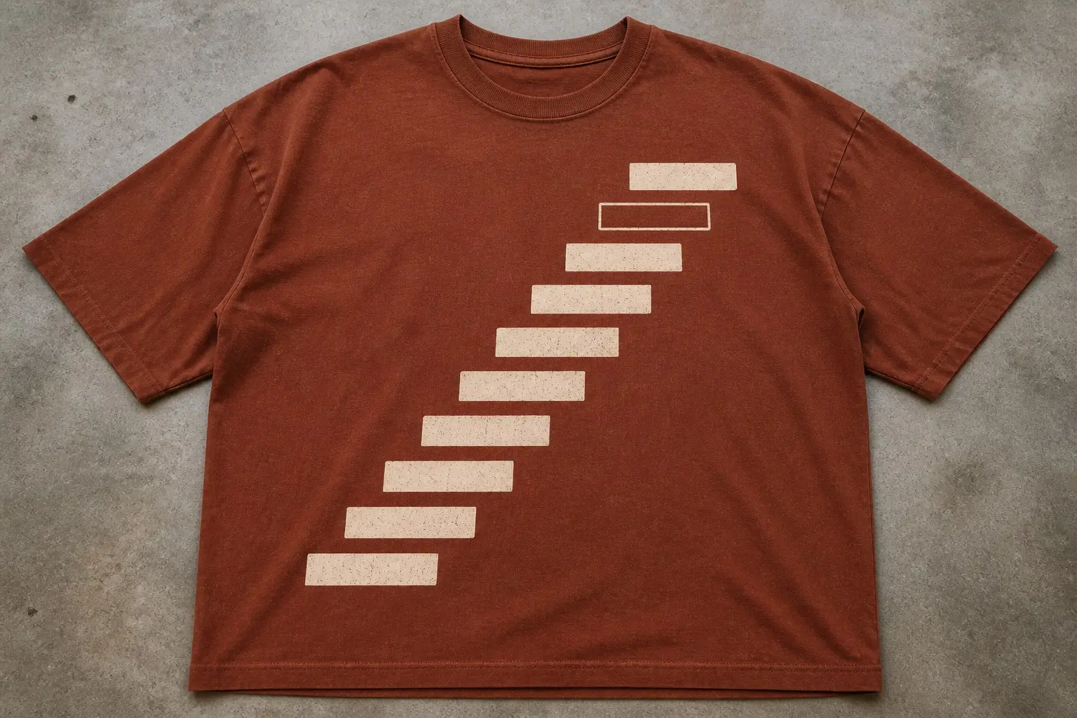 A rust tee laid flat, printed with a side-on section of eleven stairs in bone; ten treads are filled solid and one near the top is left as an empty outline, with no arrow, label or other marking on the print.