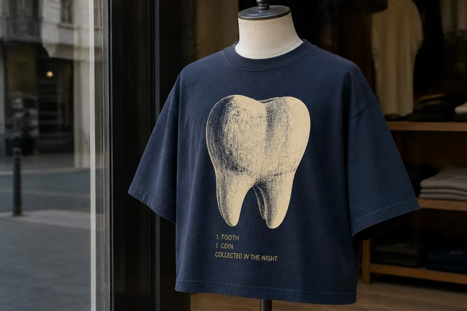 A midnight blue tee on a bust in a shop window, one milk tooth drawn enormous in cream with the root intact filling the upper chest, and beneath it a narrow crooked till receipt reading 1 TOOTH, 1 COIN, COLLECTED IN THE NIGHT.