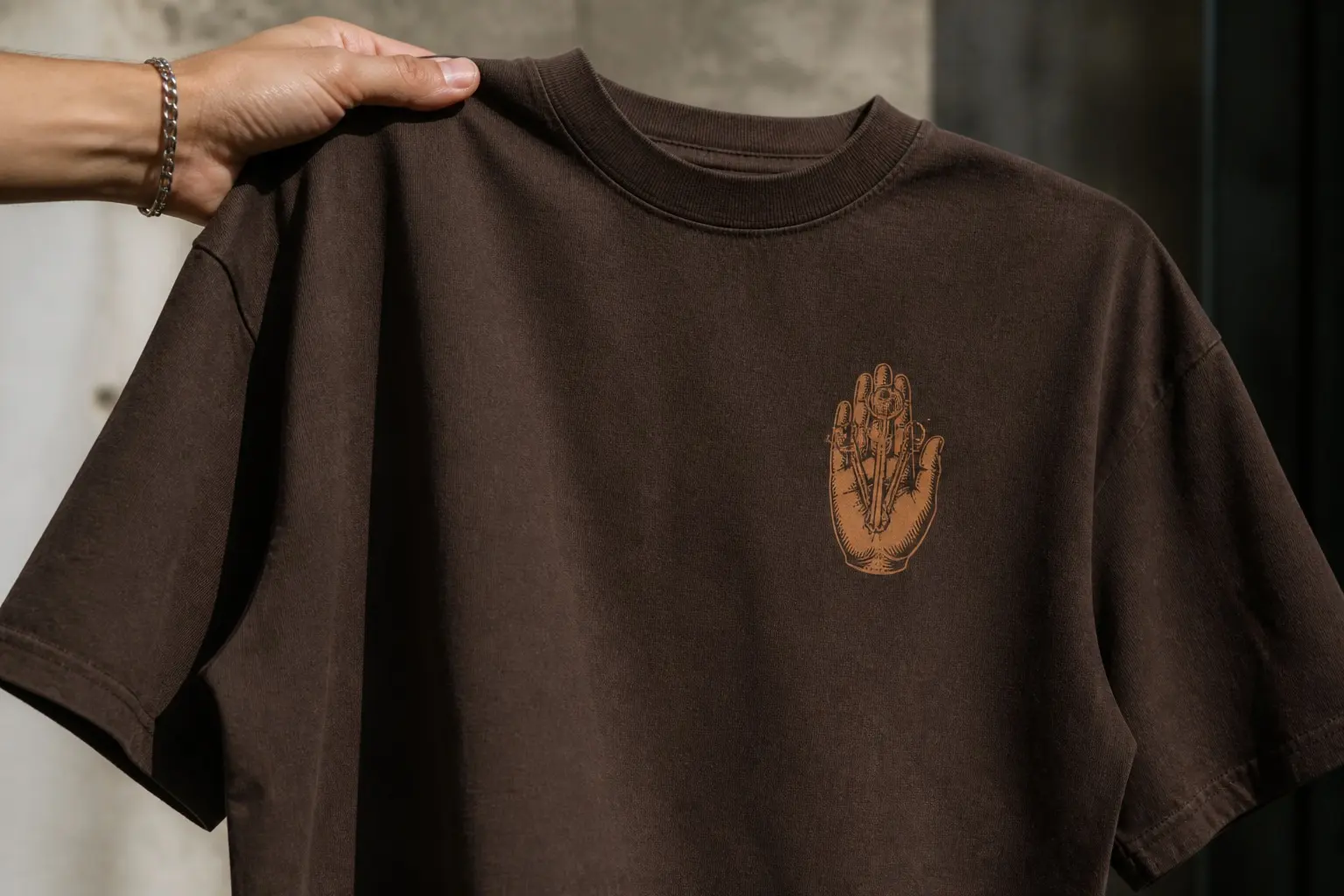 An espresso brown tee held up by one hand, printed with a small pale copper scratchboard mark high on the left chest of a single hand, palm forward, pressing a ring of keys flat against the palm so none of them hang loose.
