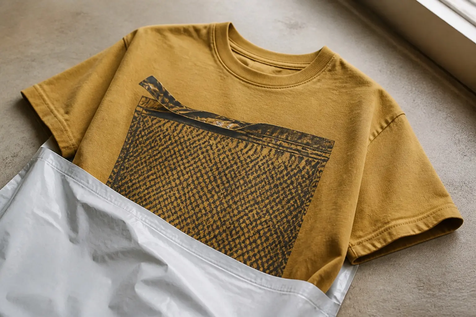 A mustard tee with one sleeve folded, printed in charcoal with a large woven-textured crisp packet whose top seal is peeled open across most of its width and still sealed at one end, tucked partway into a grey shipping bag.