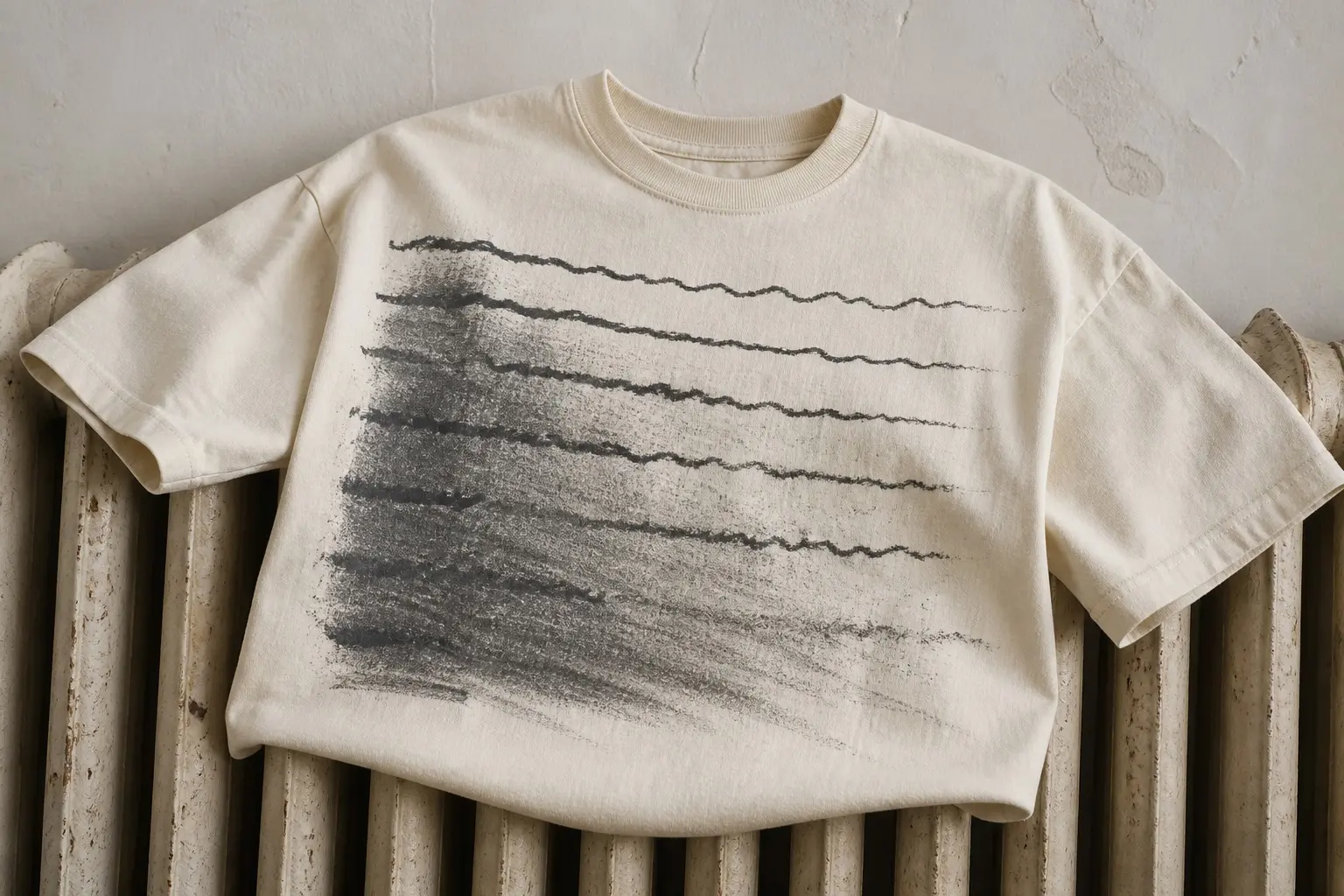 A cream tee laid over a radiator, printed with rows of wavy scribble that reads as handwriting from a distance, crossed by a broad soft grey smudge densest at the left edge and fading toward the right.