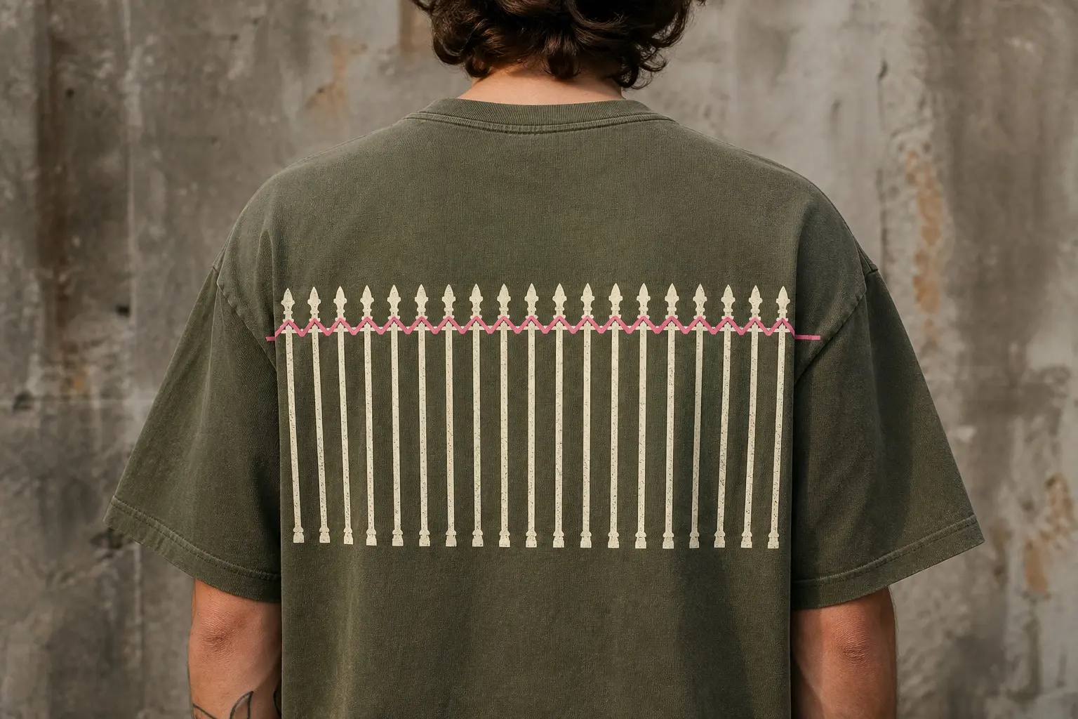 A moss tee worn from behind, printed across the back with a long run of flat cream iron railings; a bright pink line jinks along them at hand height, touching the top of every upright without missing one, then continues off the edge of the print past the last railing.