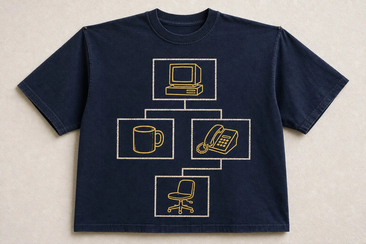 A navy tee pinned flat to a wall, printed with a formal cream-line organisation diagram of four rectangles joined by connector lines, each containing a drawn object — a computer, a mug, a telephone and a chair — with no text anywhere on the design.